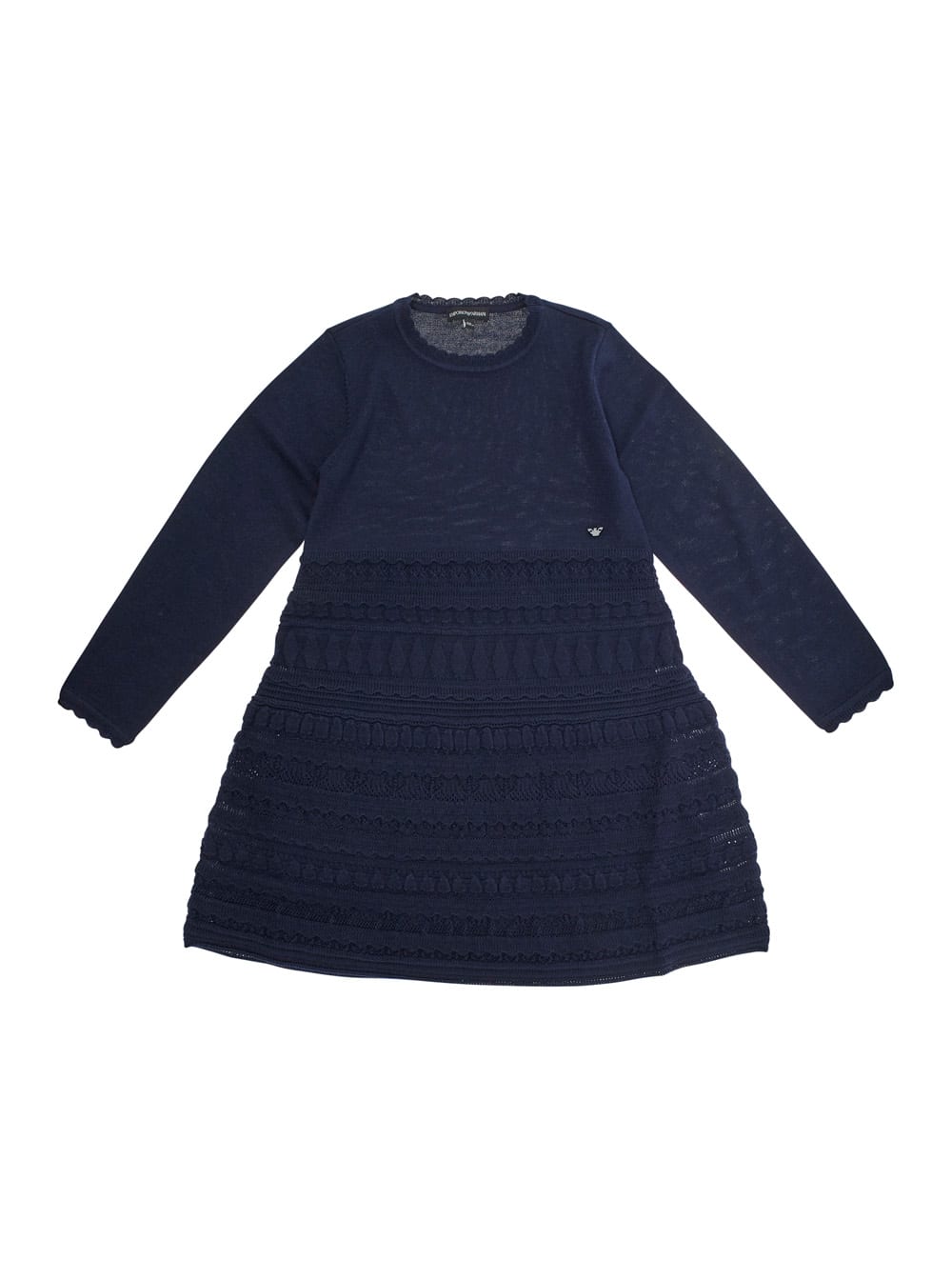 Emporio Armani Blue Dress With Round Neck And Logo Embroidery On The Front In Wool Blend Girl In Blue