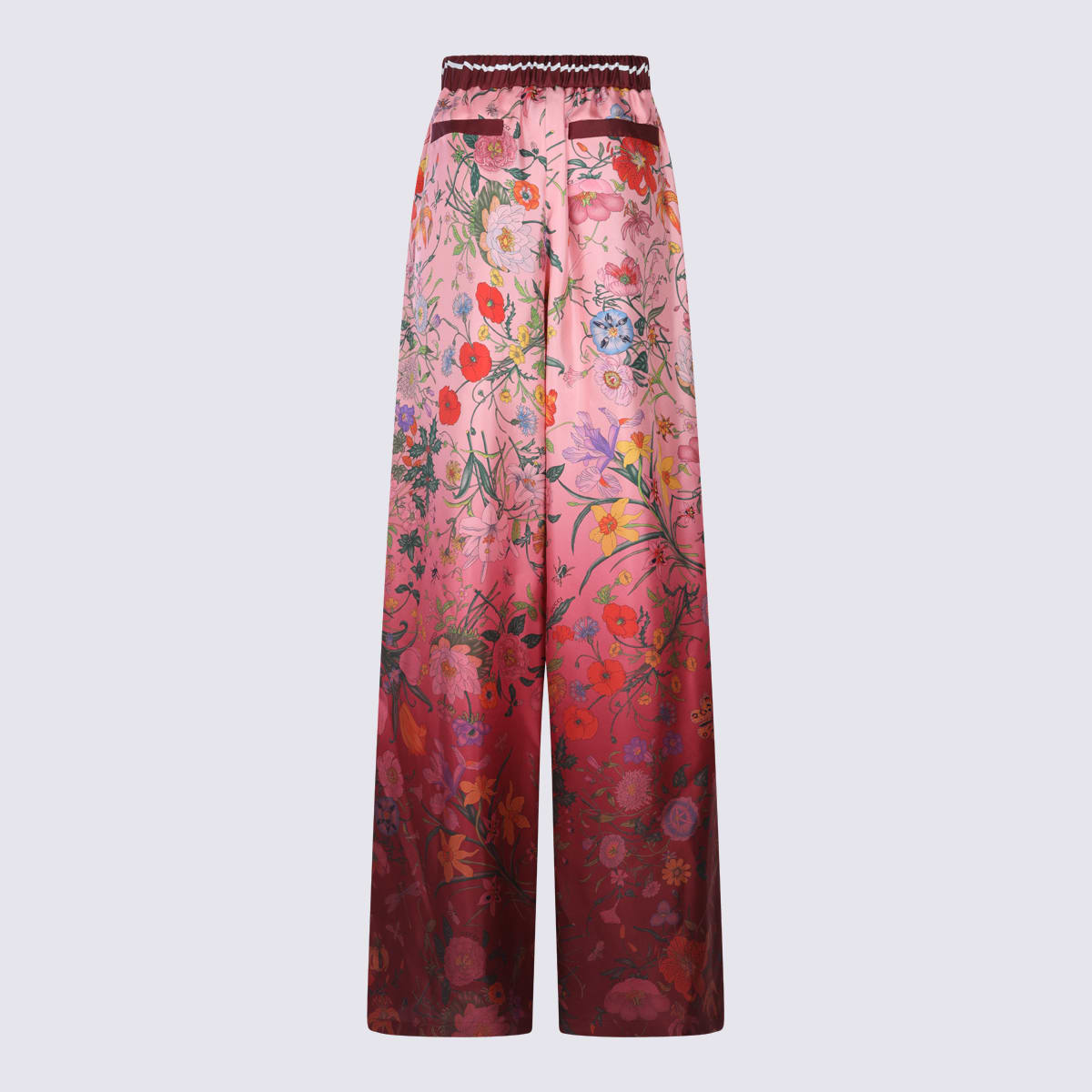 Gucci Women Bordeaux Pants With All-over Floral Print And Elastic Waist In Silk Woman In Multi
