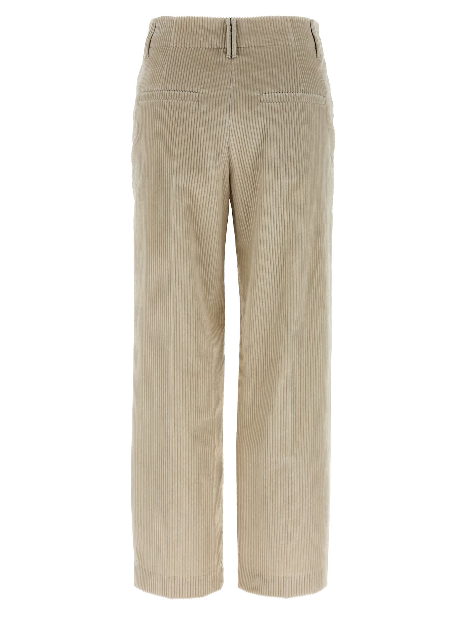 Brunello Cucinelli Beige Corduroy Trousers With Front Zip And Hook Button Closure In Multi