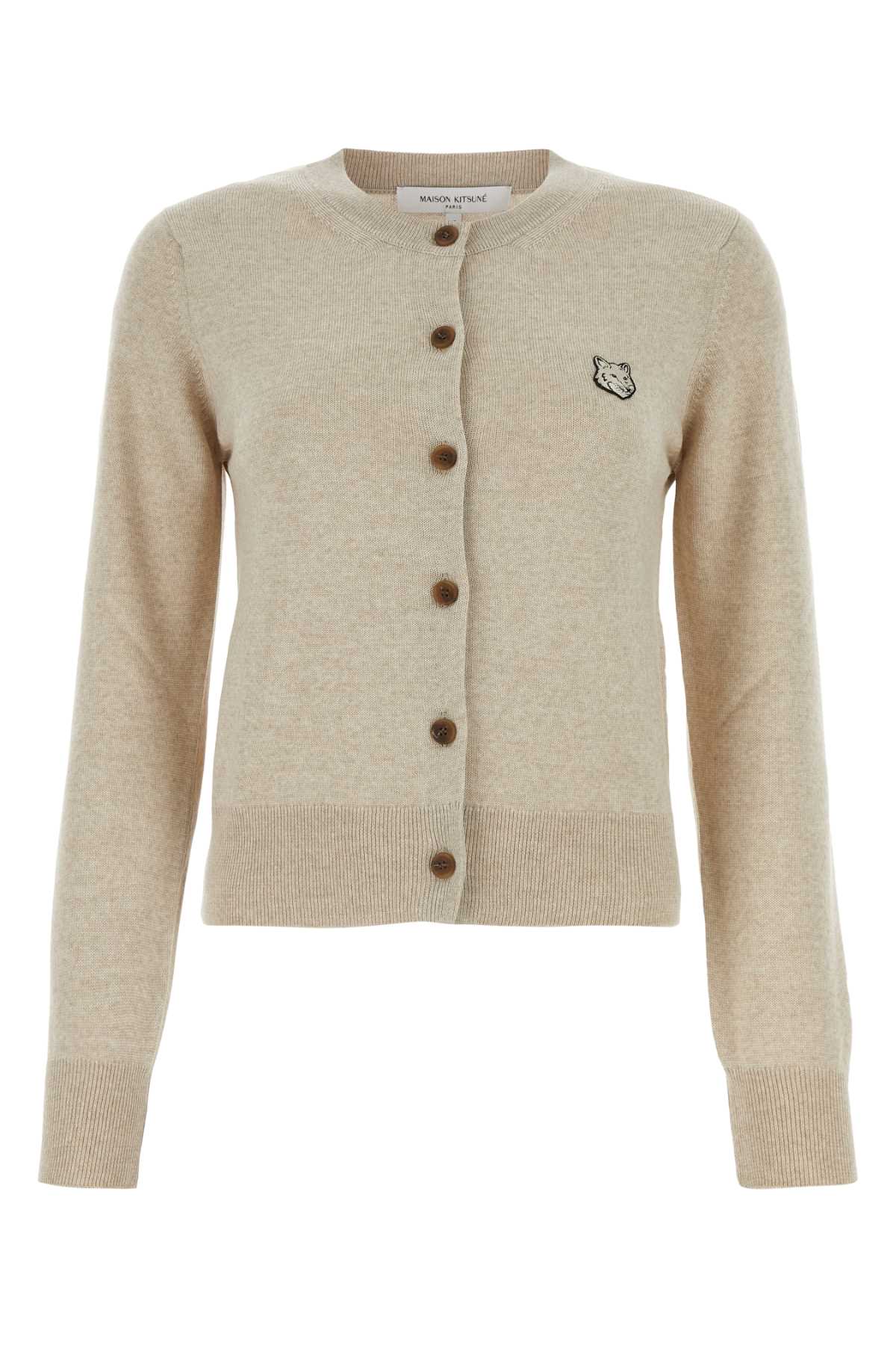 Shop Maison Kitsuné Melange Beige Wool Cardigan In Lightbeigemelange