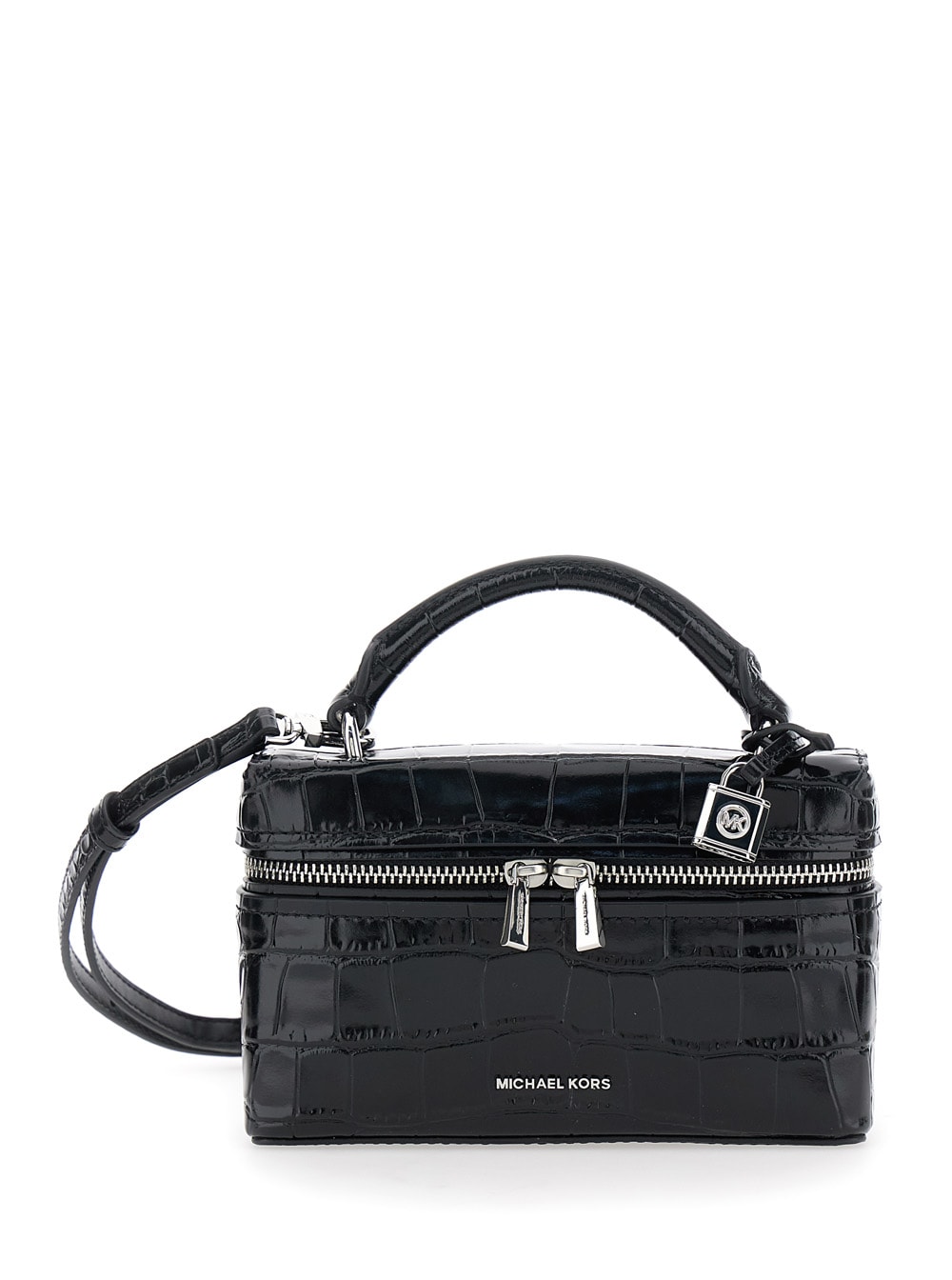 Michael Michael Kors Black Vanity Bag With Logo Lettering On The Front In Crocodile Effect Leather Woman In Black