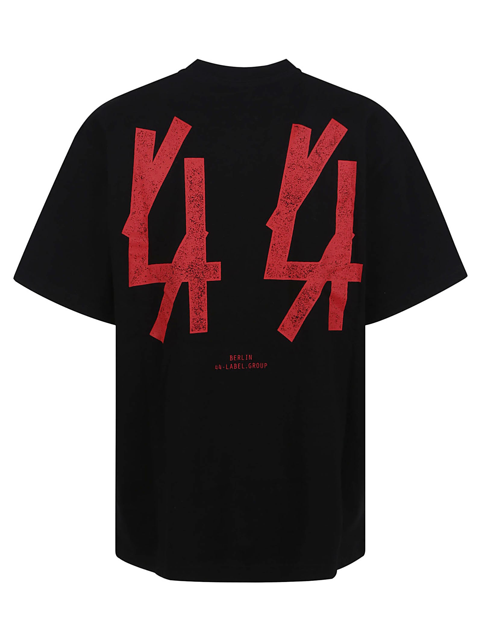44 Label Group Black T-shirt With Print On The Front And Maxi Logo On The Back In Cotton Man In Black Guestlist Red
