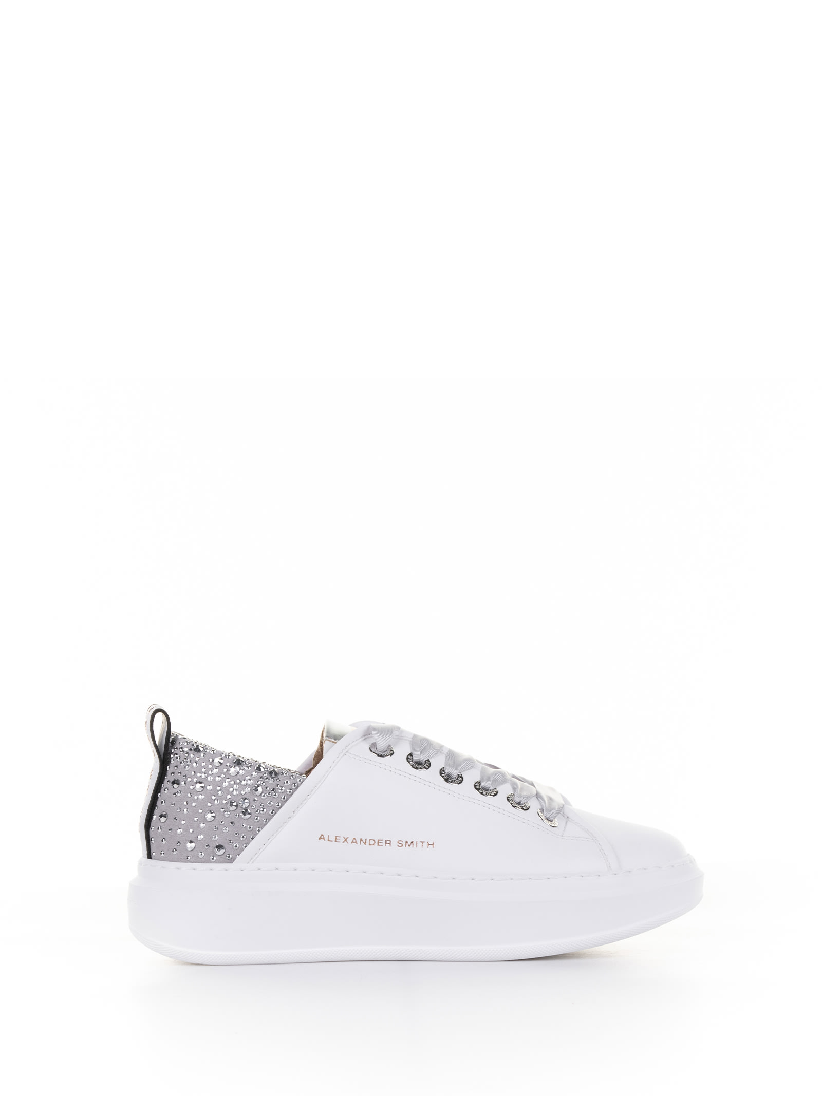 Alexander Smith Wembley Sneaker In Leather And Rhinestones In White Siver