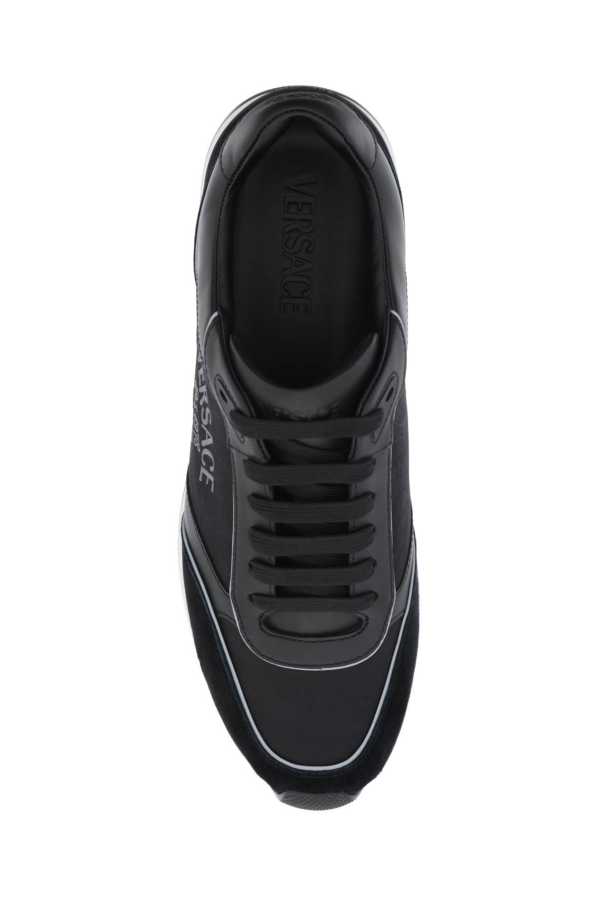 Shop Versace Logo Sided Jacquard Sneakers In Black