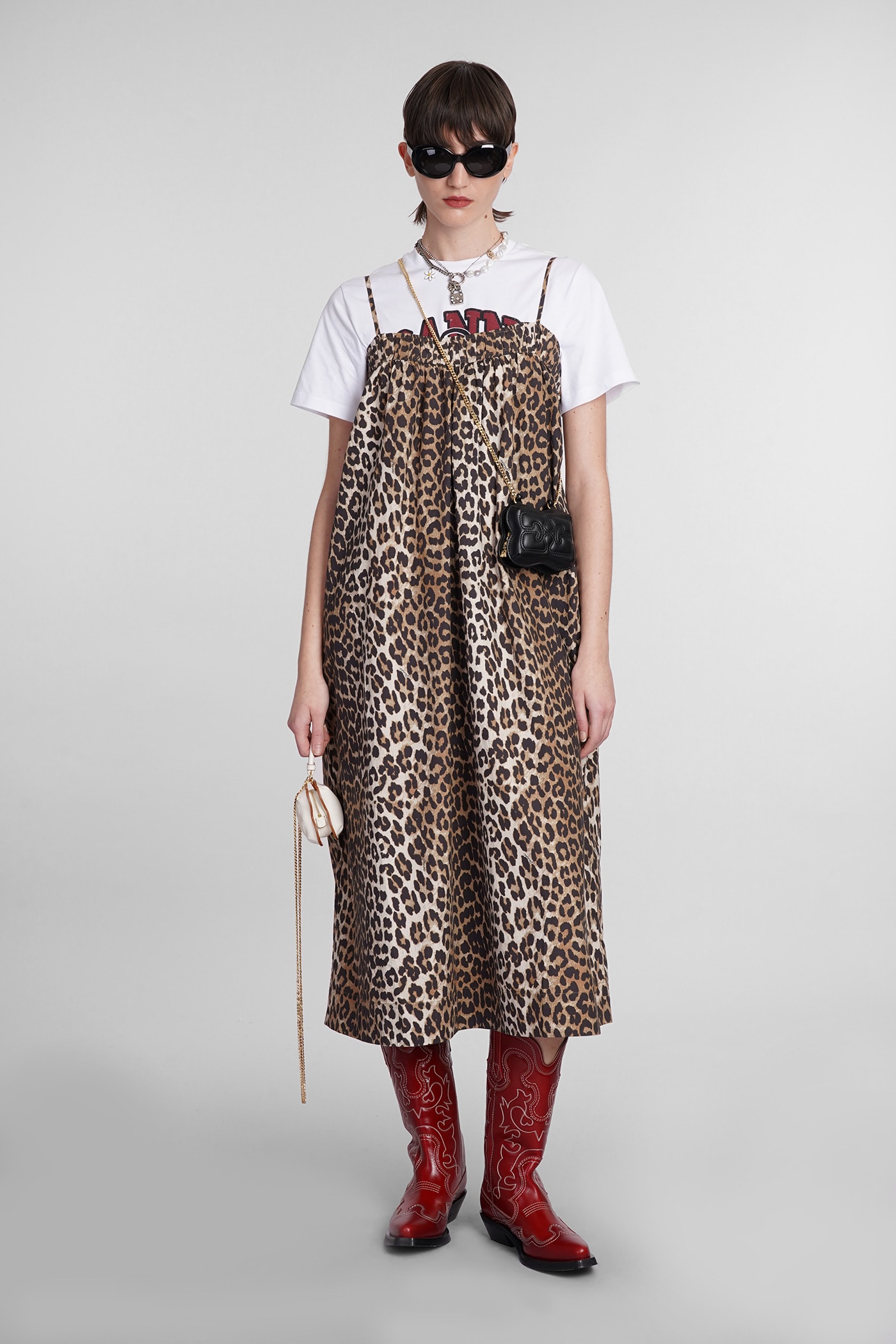 Ganni Leopard Print Cotton Midi Dress In Brown