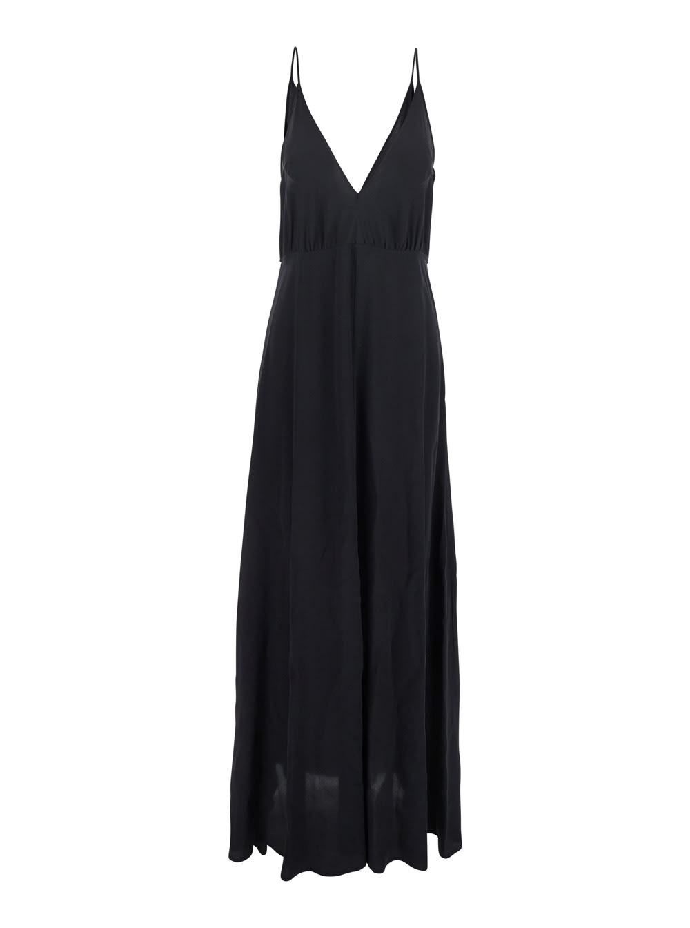 Black Long Dress With V Neckline And Thin Straps In Silk Woman
