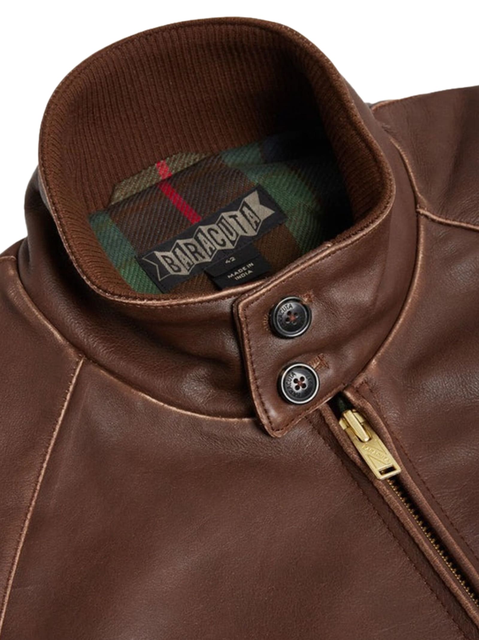 Baracuta Leather Jacket With Ribbed Collar And Pockets In Brown