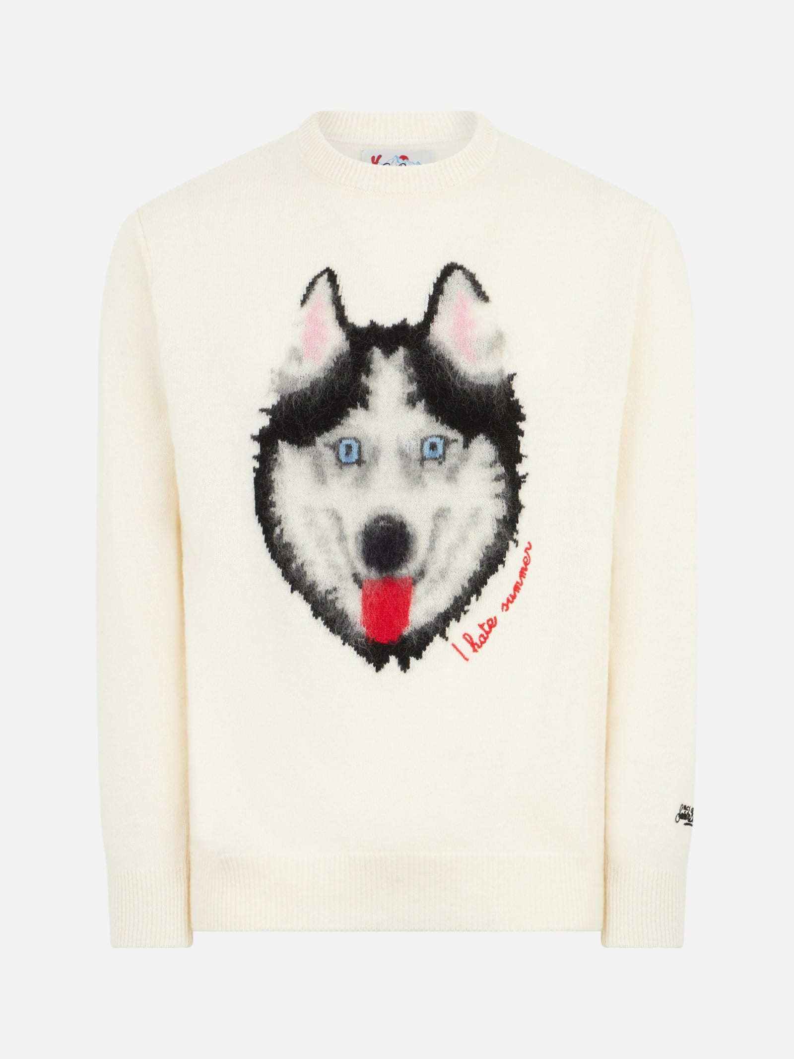 Mc2 Saint Barth Man Sweater With Wolf Print And I Hate Summer Embroidery