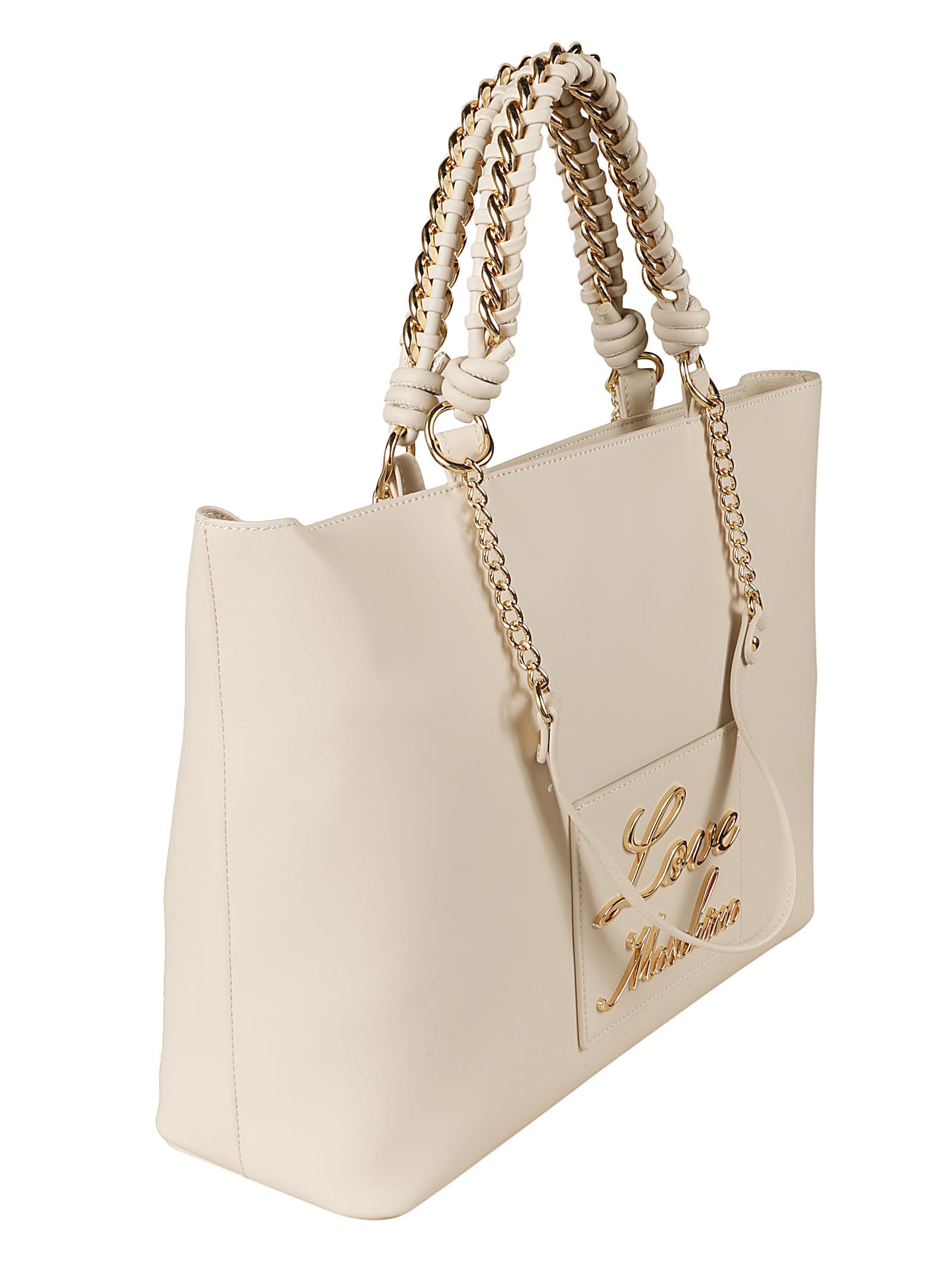 Shop Love Moschino Signature Logo Detail Chain Embellished Tote In Avorio