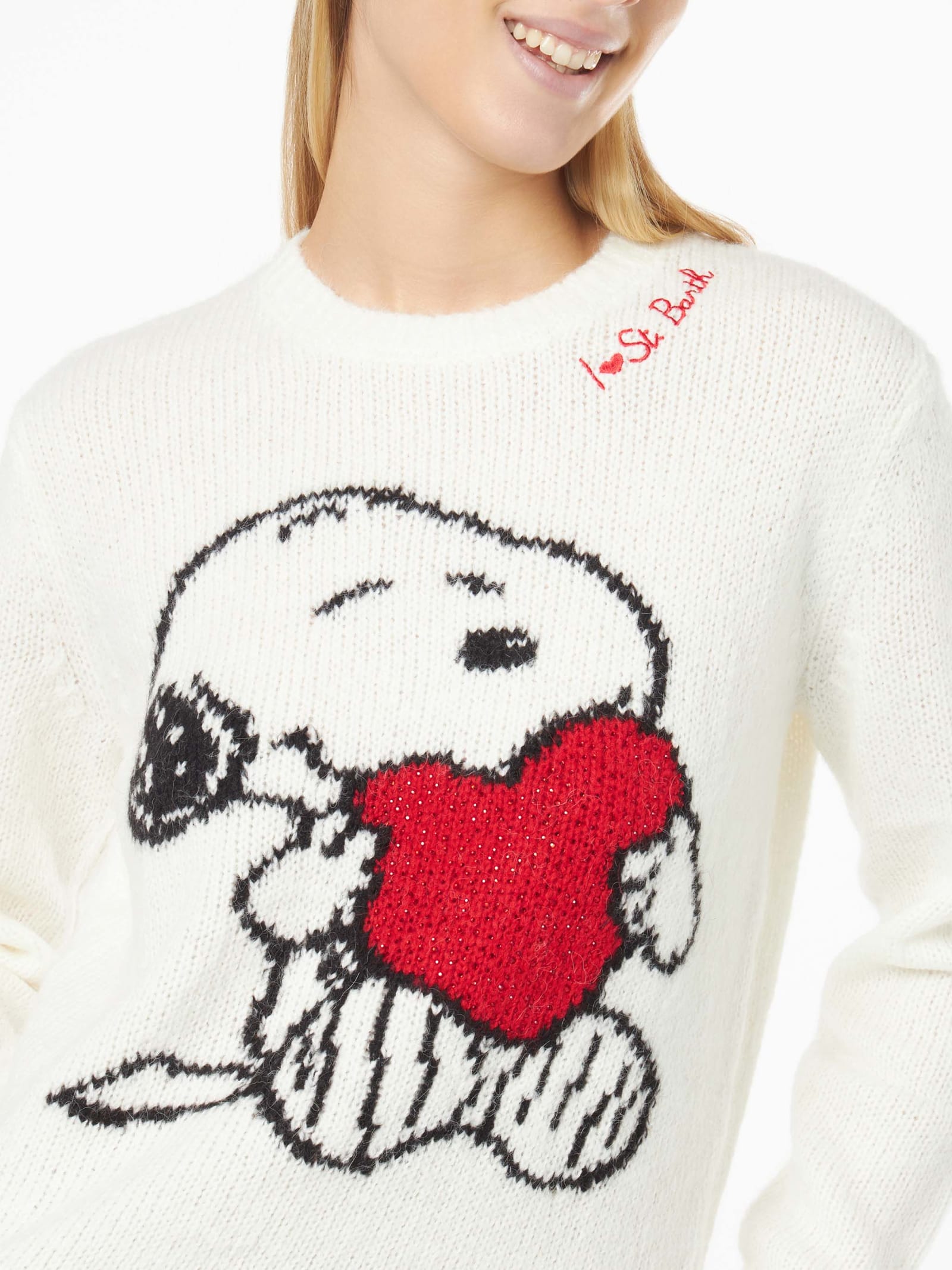 Shop Mc2 Saint Barth Woman Crewneck Black Sweater With Snoopy And Woodstock Print Ad Rhinestones Heart Snoopy Peanuts Spe In White