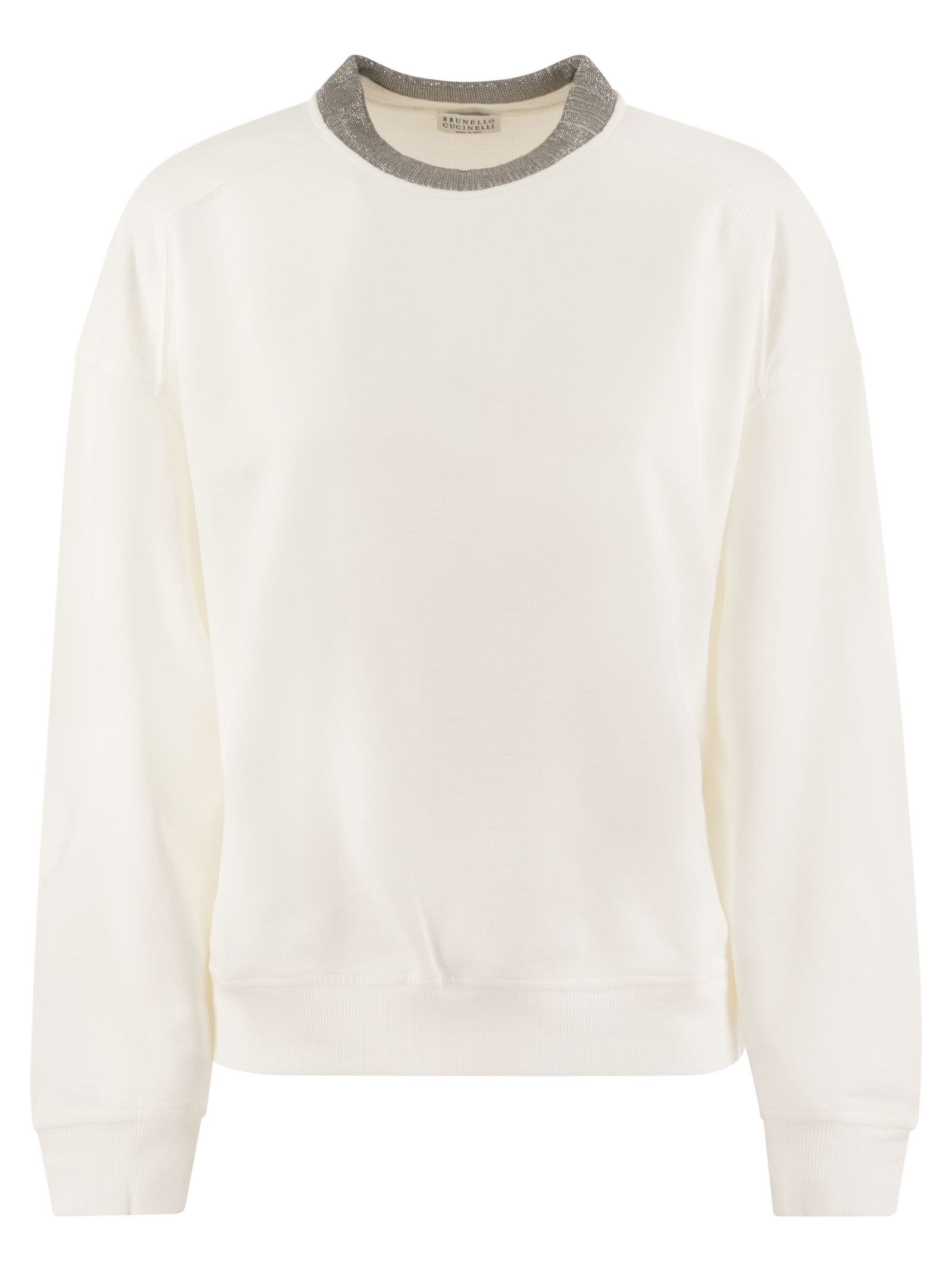 Shop Brunello Cucinelli Smooth Cotton Fleece Topwear With Ribbed Collar Precious In White