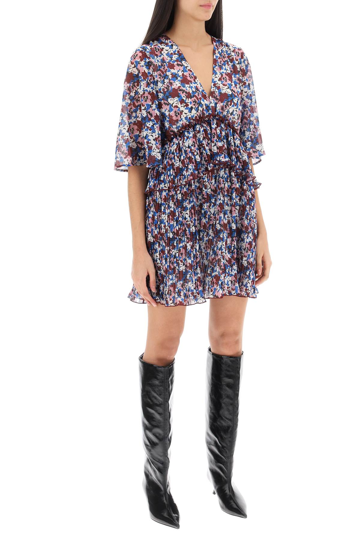 Ganni Pleated Mini Dress With Floral Motif In Multicolour
