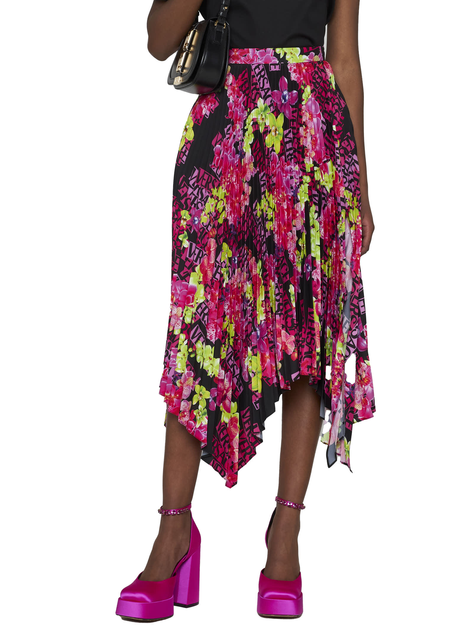 Versace Pleated Printed Crepe De Chine Skirt In Nero+rosa