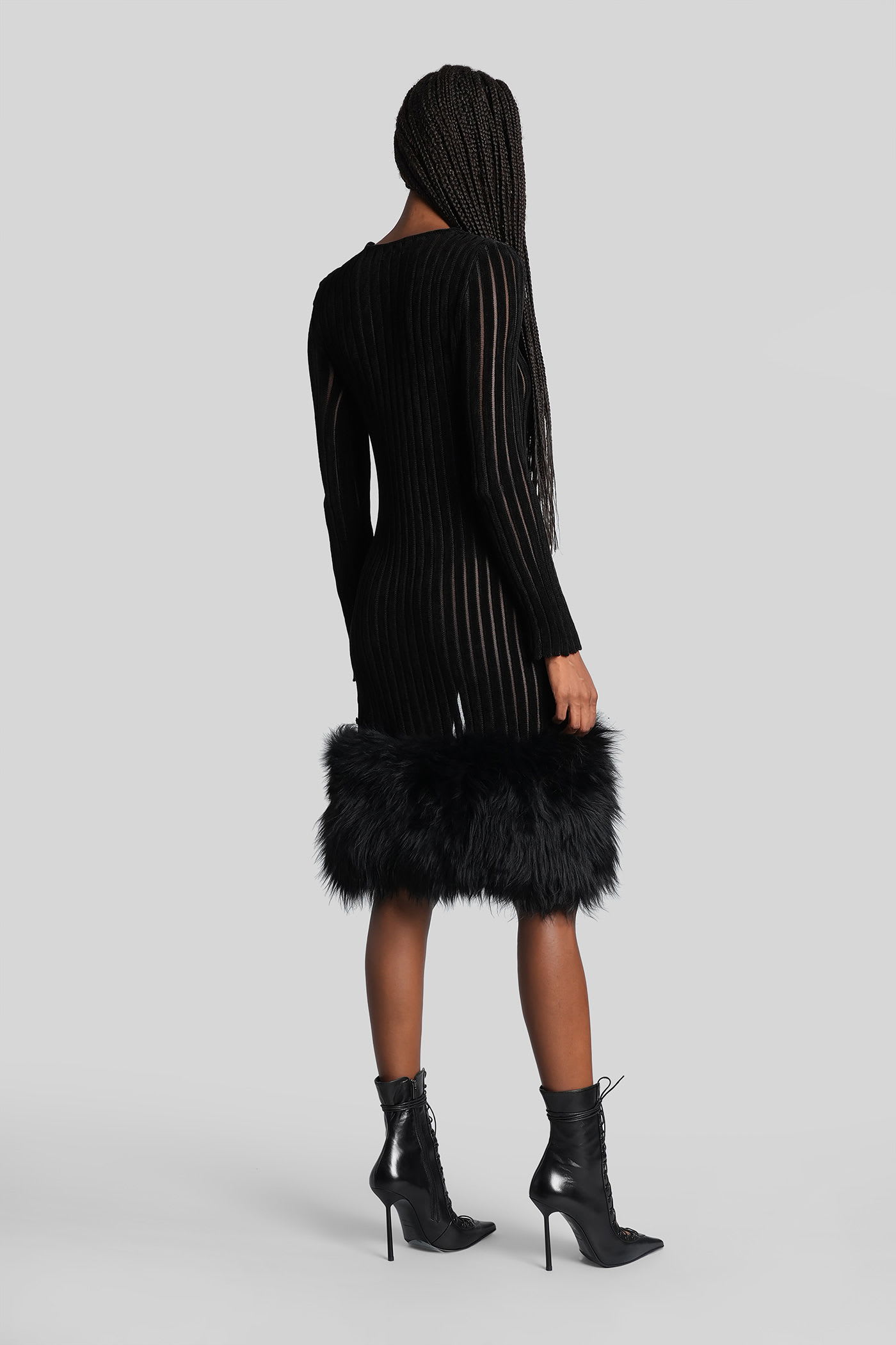 Blumarine Knit Faux Fur-trimmed Midi Dress In Black