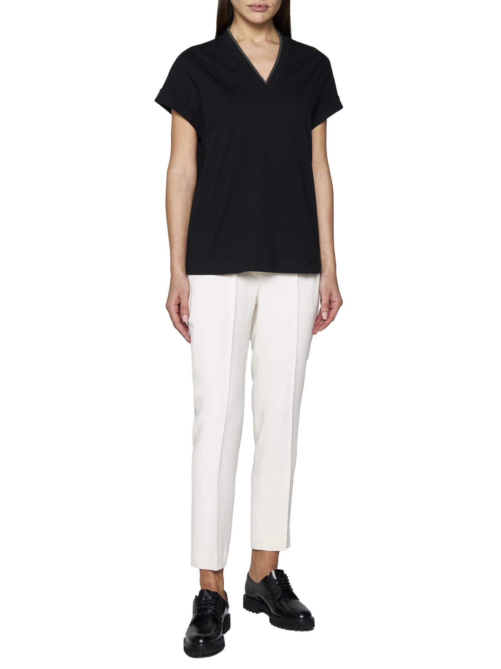 Brunello Cucinelli Black V-neck T-shirt With Monile Detail In Stretch Cotton Woman In Nero