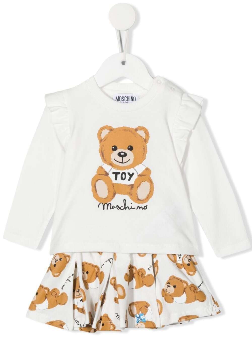 MOSCHINO WHITE COTTON COORDINATED SUIT WITH TEDDY BEAR PRINT MOSCHINO KIDS BABY GIRL