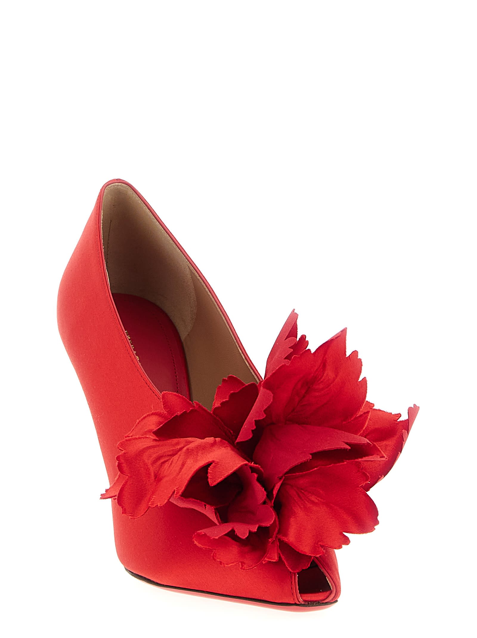 Ferragamo Floral Peep Toe Satin Stiletto Pumps In Red
