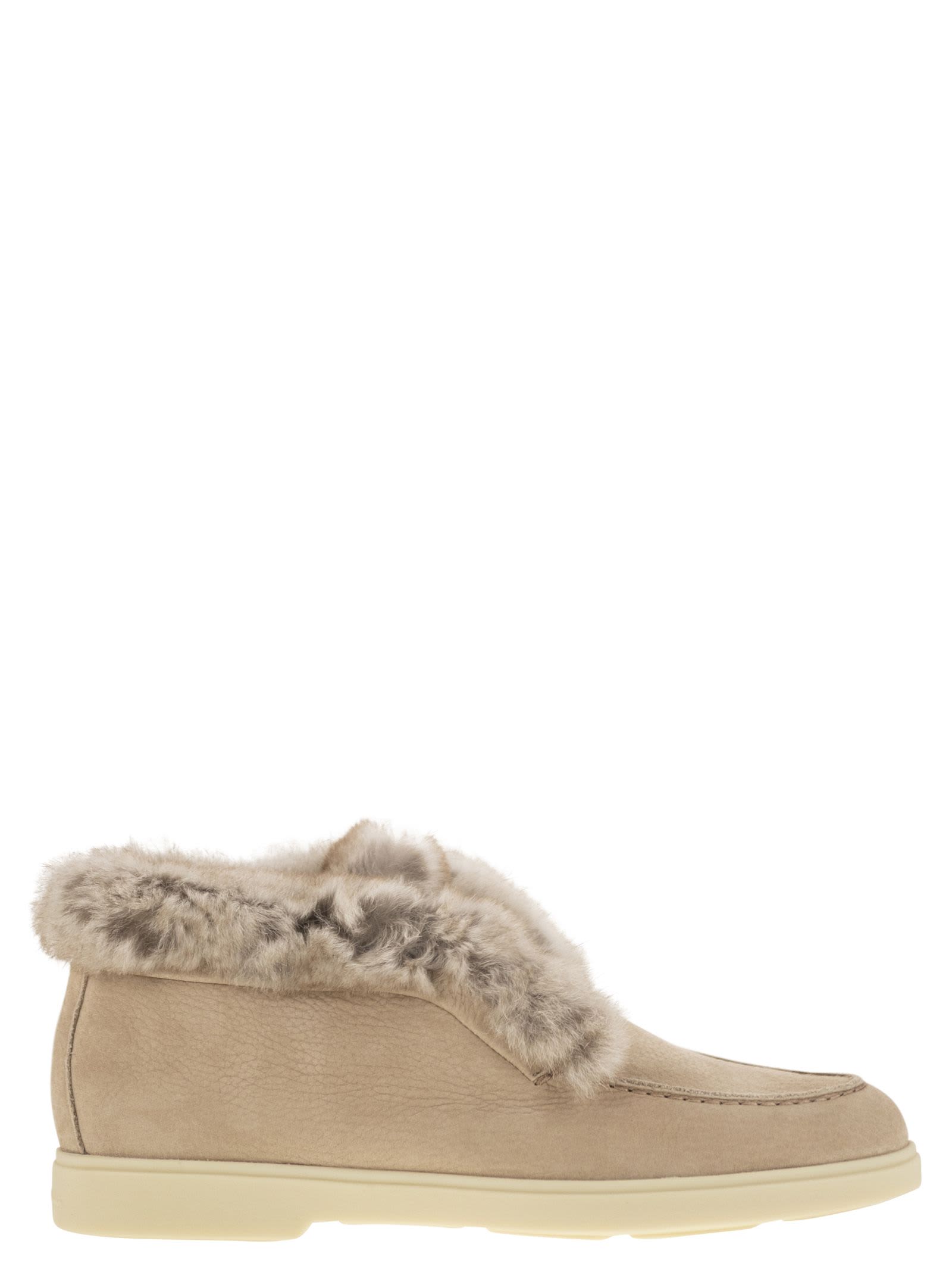 Shop Santoni Desert Boot In Nubuck With Fur In Beige