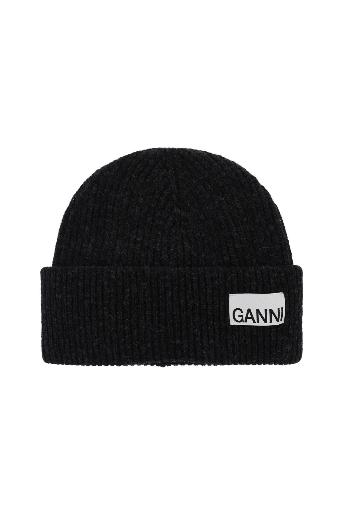 Shop Ganni Beanie Hat With Logo Label In Phantom (grey)