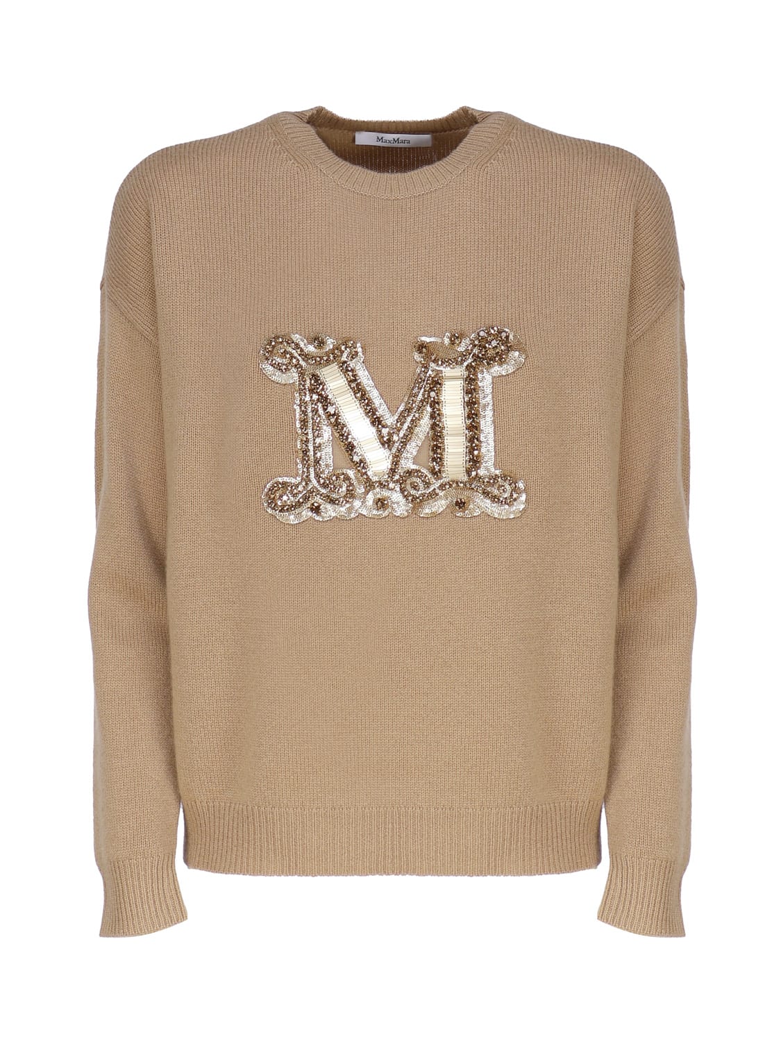 Shop Max Mara Cashmere Sweater With Jewel Embroidery In Brown