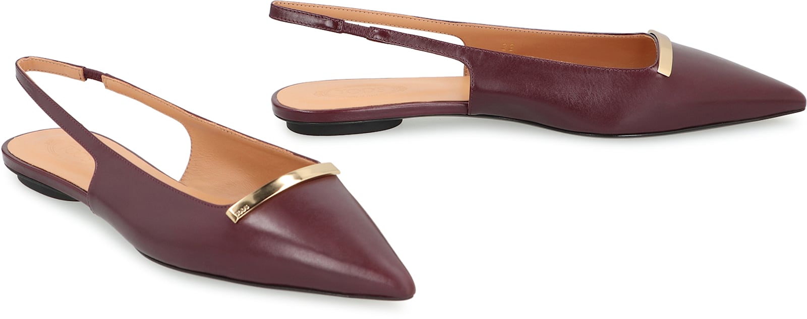 Tod's Gold-tone Bar Leather Slingback Flats In Burgundy
