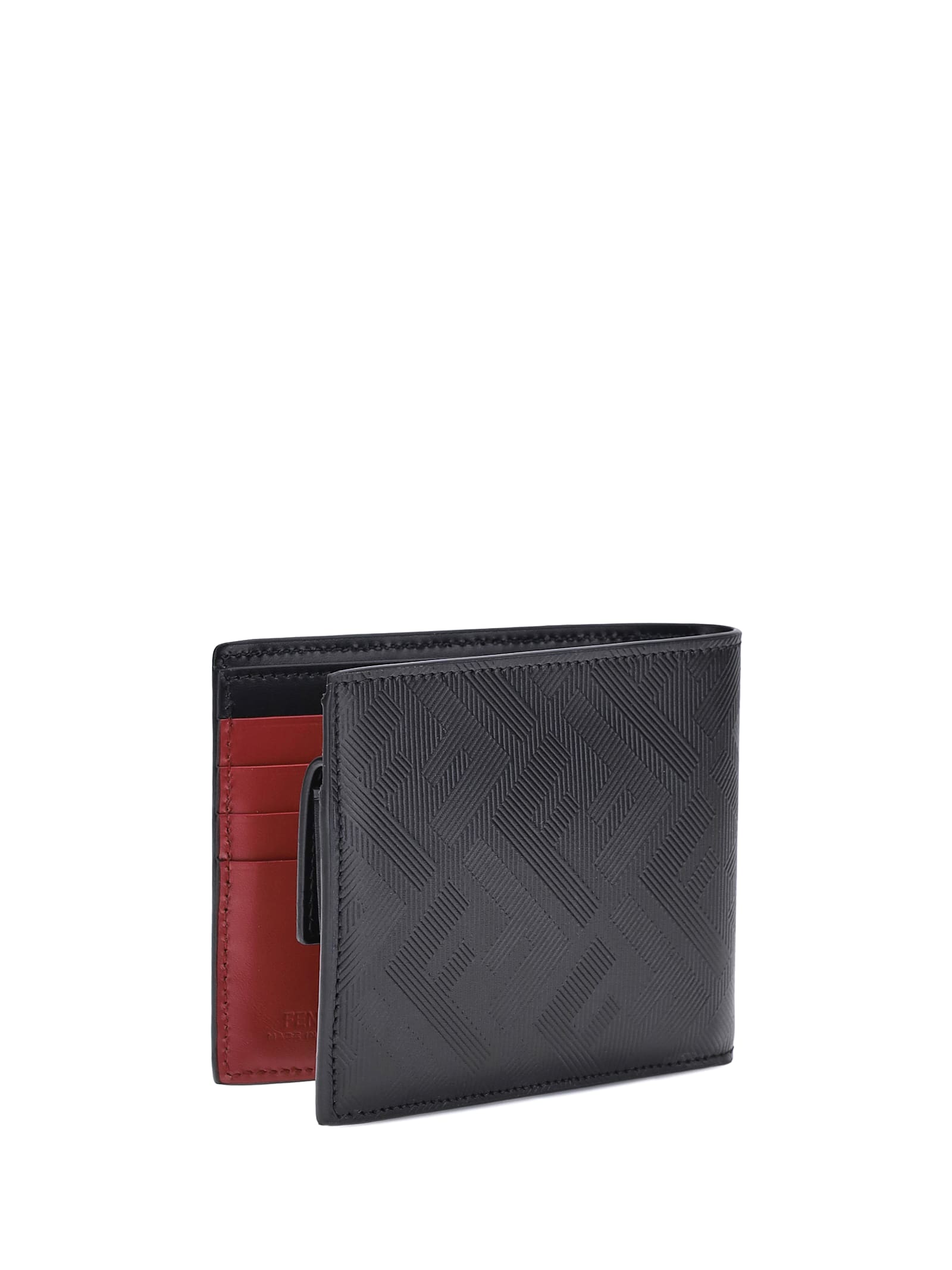 Fendi Leather Folded Wallet Embossed Pattern In Black