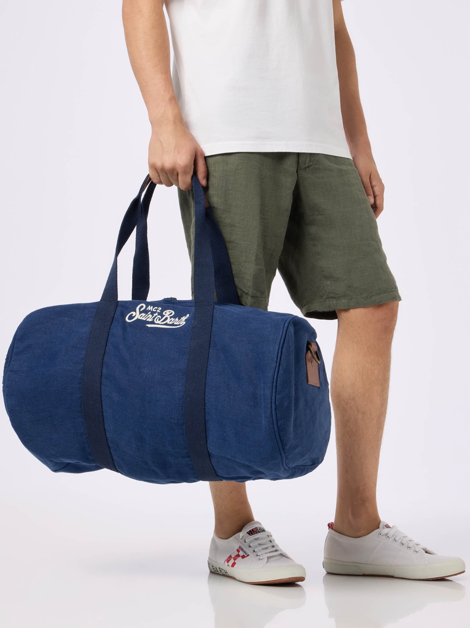 Shop Mc2 Saint Barth Blue Linen Travel Duffle Bag Jetleg