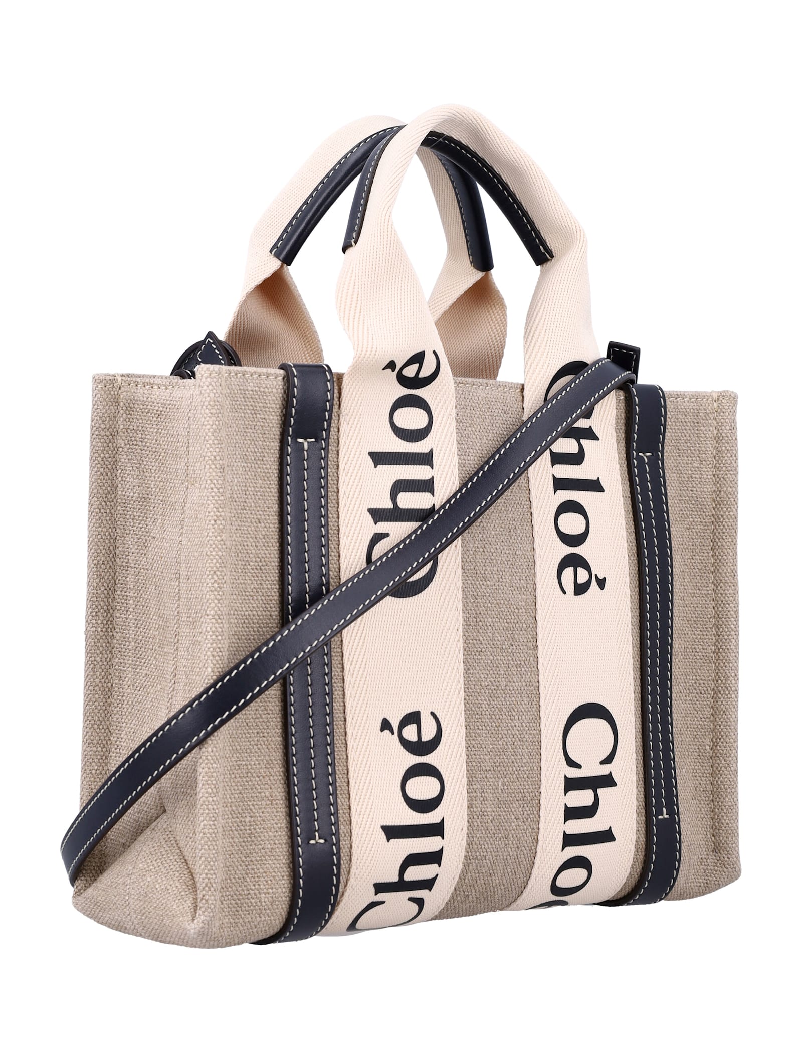 Shop Chloé Linen Woody Medium Tote Bag In White - Blue 1