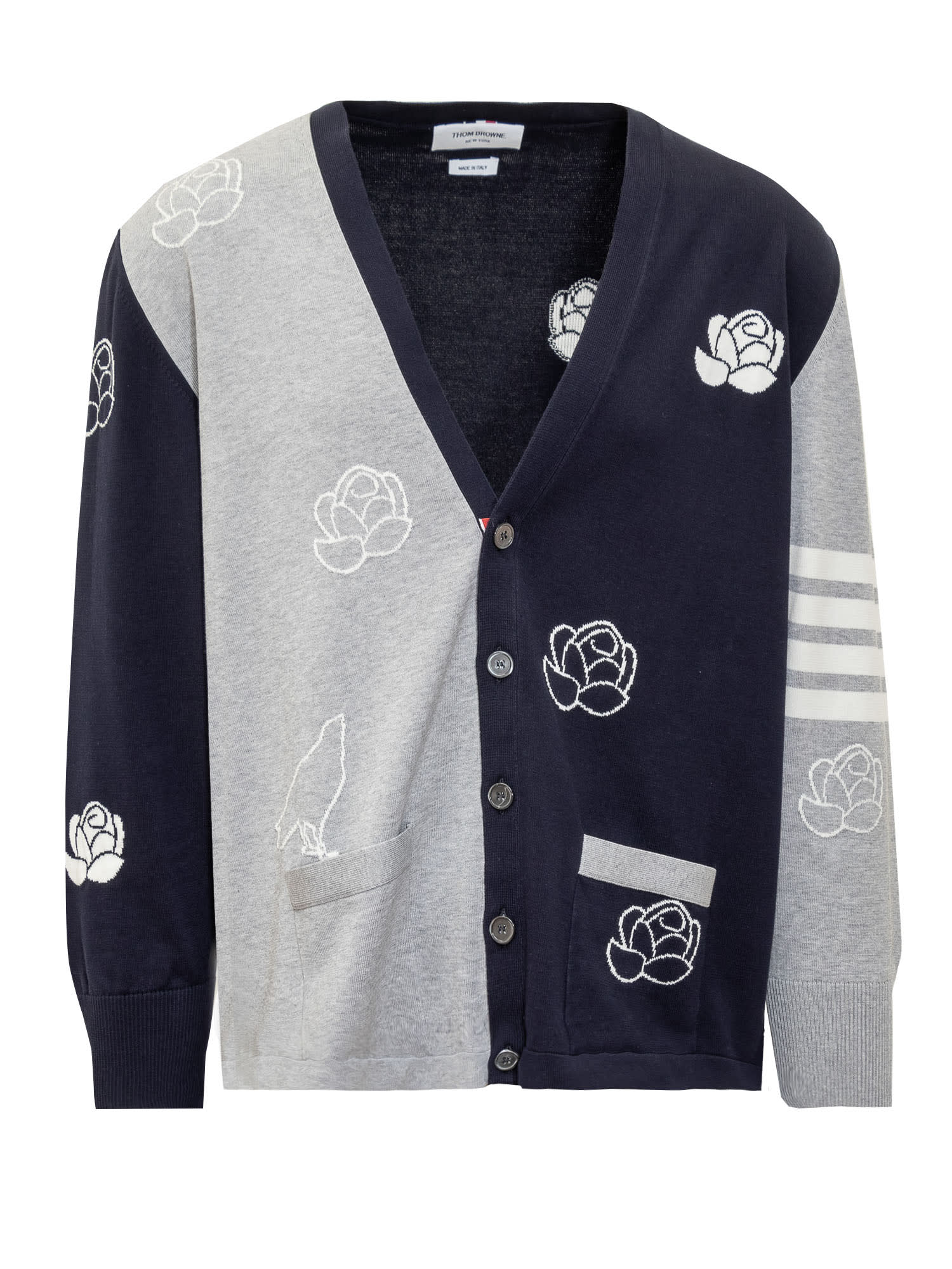 Shop Thom Browne Cotton Birds And Flowers Cardigan In Navy/grey