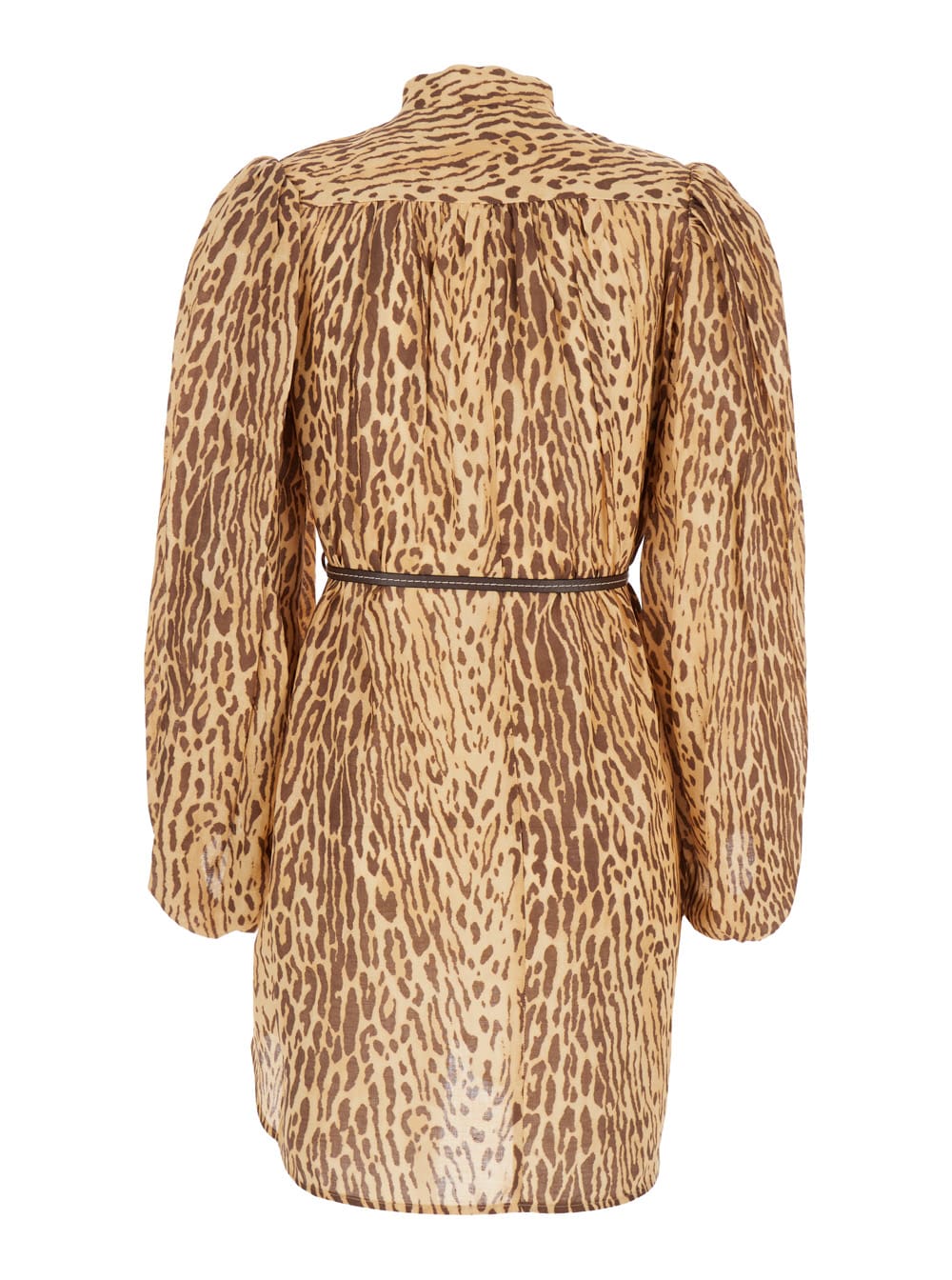 Zimmermann Cascadian Beige Tunic Dress With Stand-up Collar And All-over Leopard Print In Linen Woman In Brown