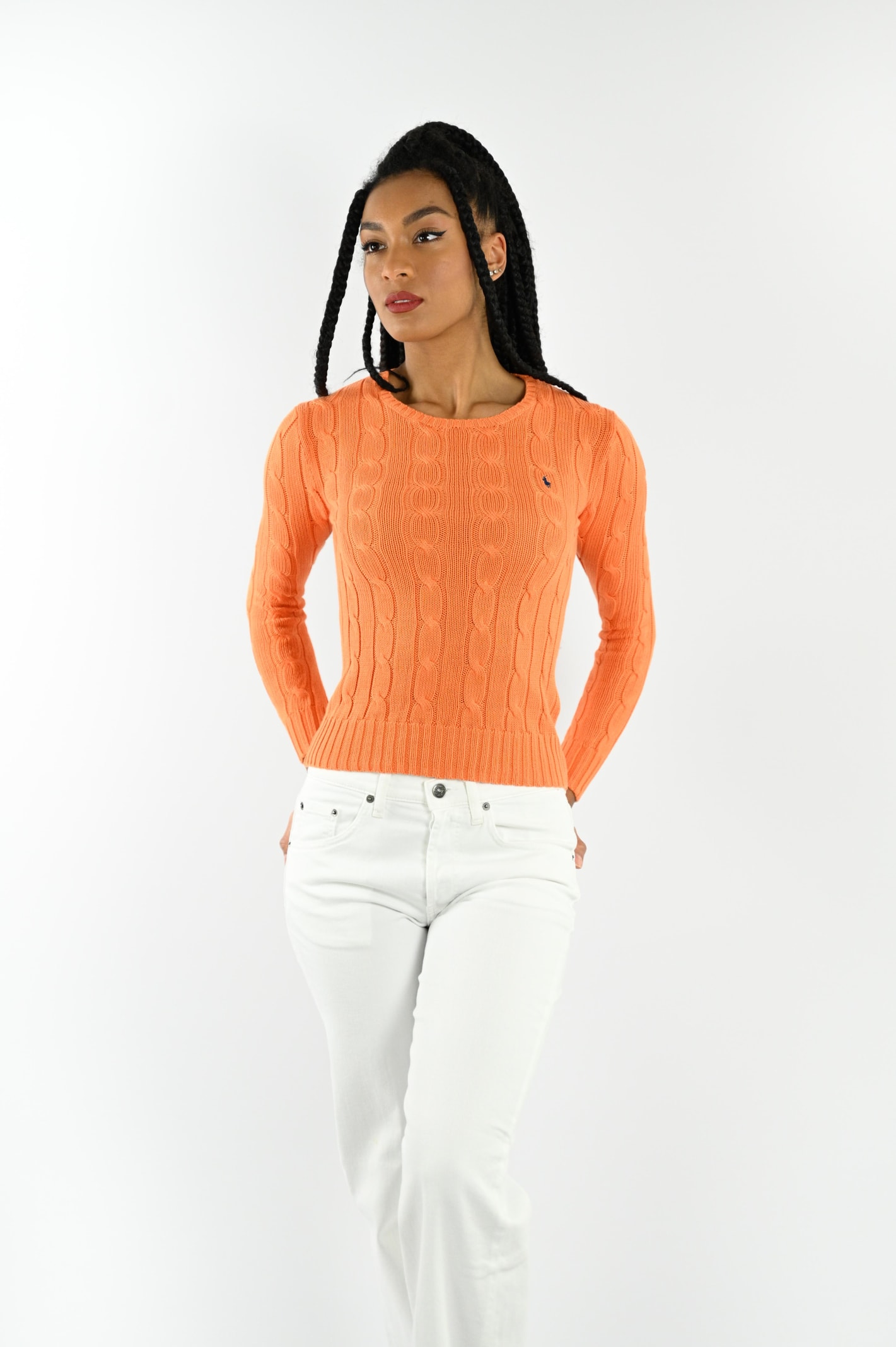 Polo Ralph Lauren Cable Knit Pullover With Ribbed Finish In Orange