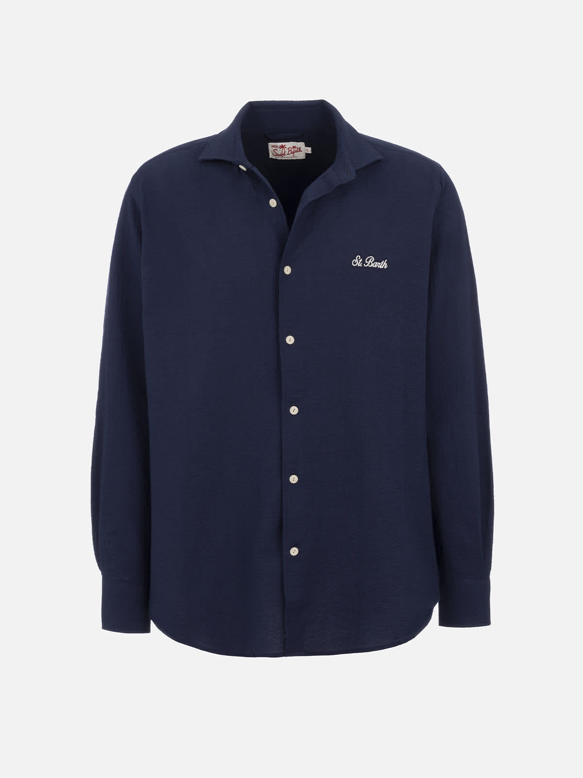 Mc2 Saint Barth Man Seersucker Blue Cotton Shirt Pamplona In Blue