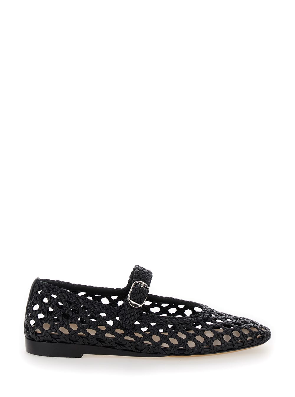 Black Mary Jane With Strap In Woven Leather Woman