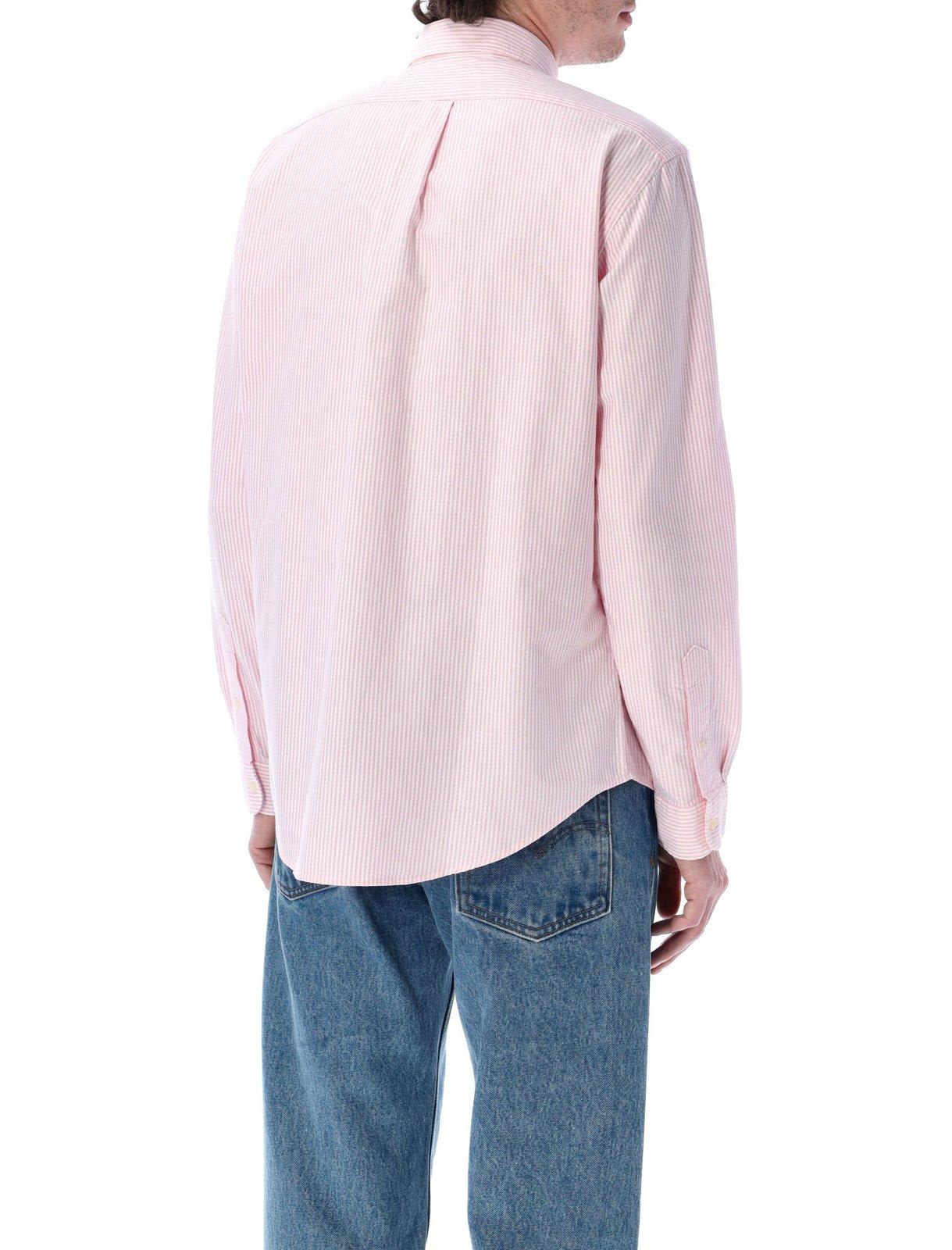 Polo Ralph Lauren Camicia In Lino A Righe Custom-fit In Pink