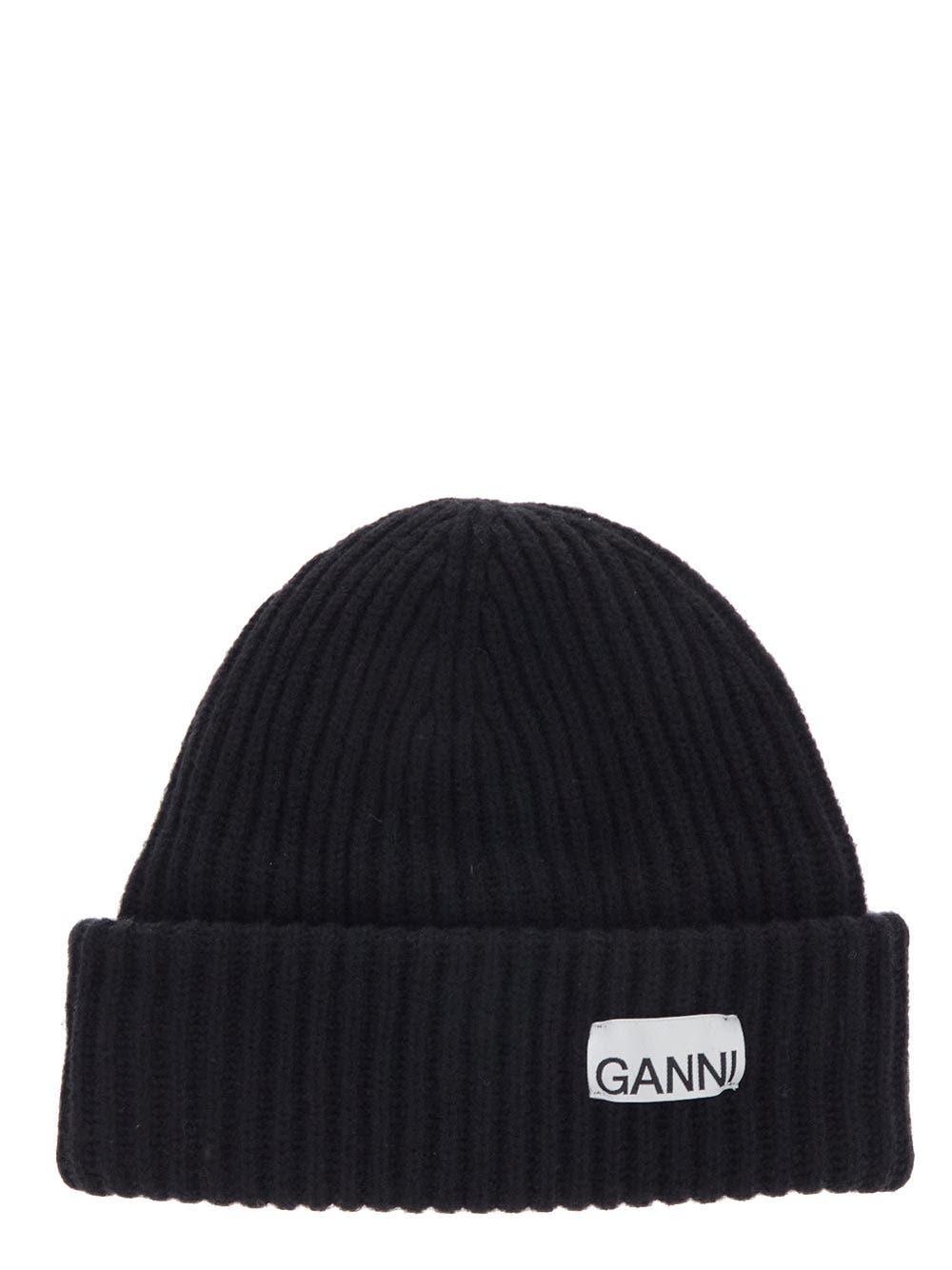 Shop Ganni Black Logo Beanie