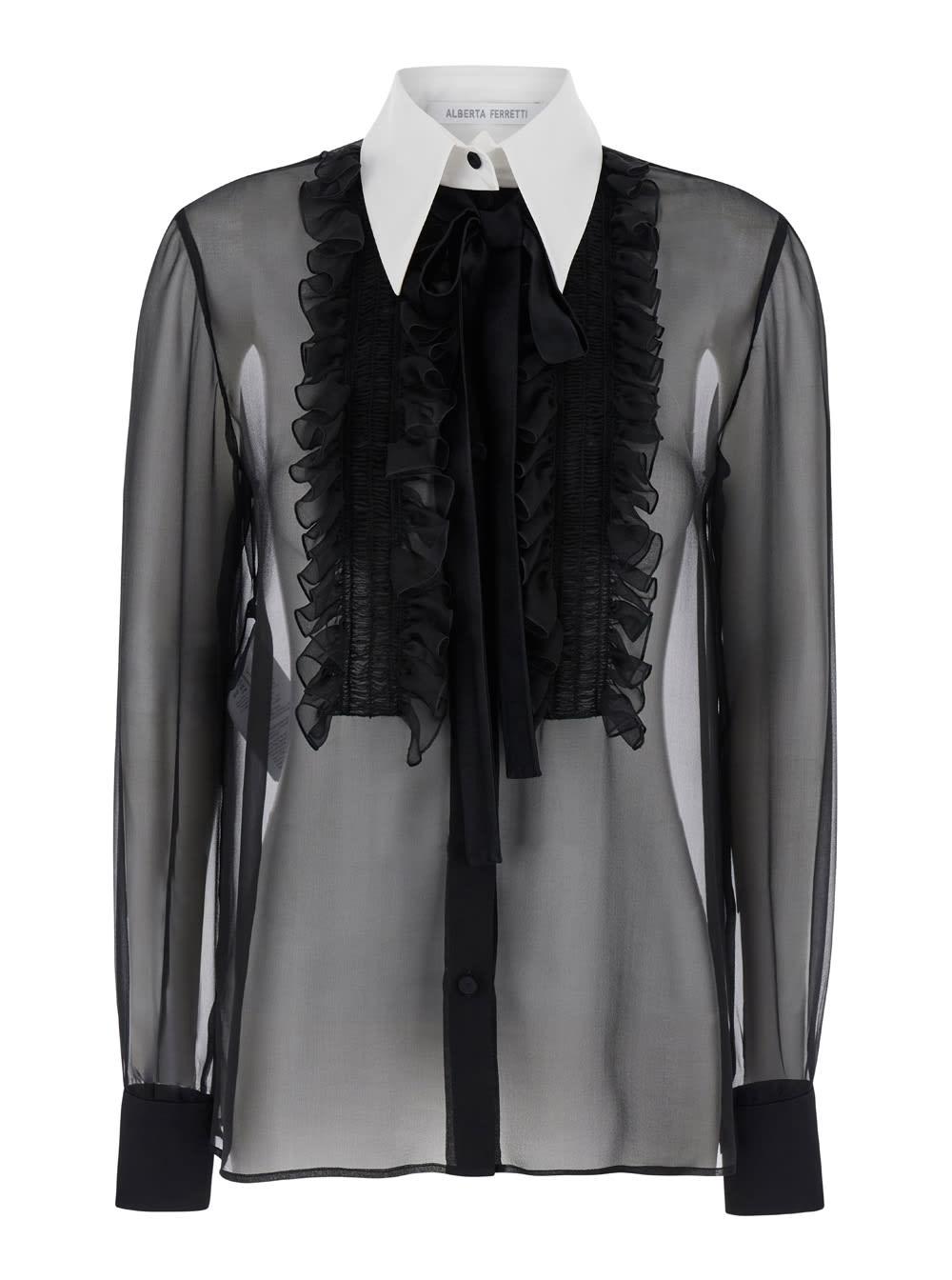 Shop Alberta Ferretti Black Shirt With Pointed Collar And Ruffle In Chiffon Woman