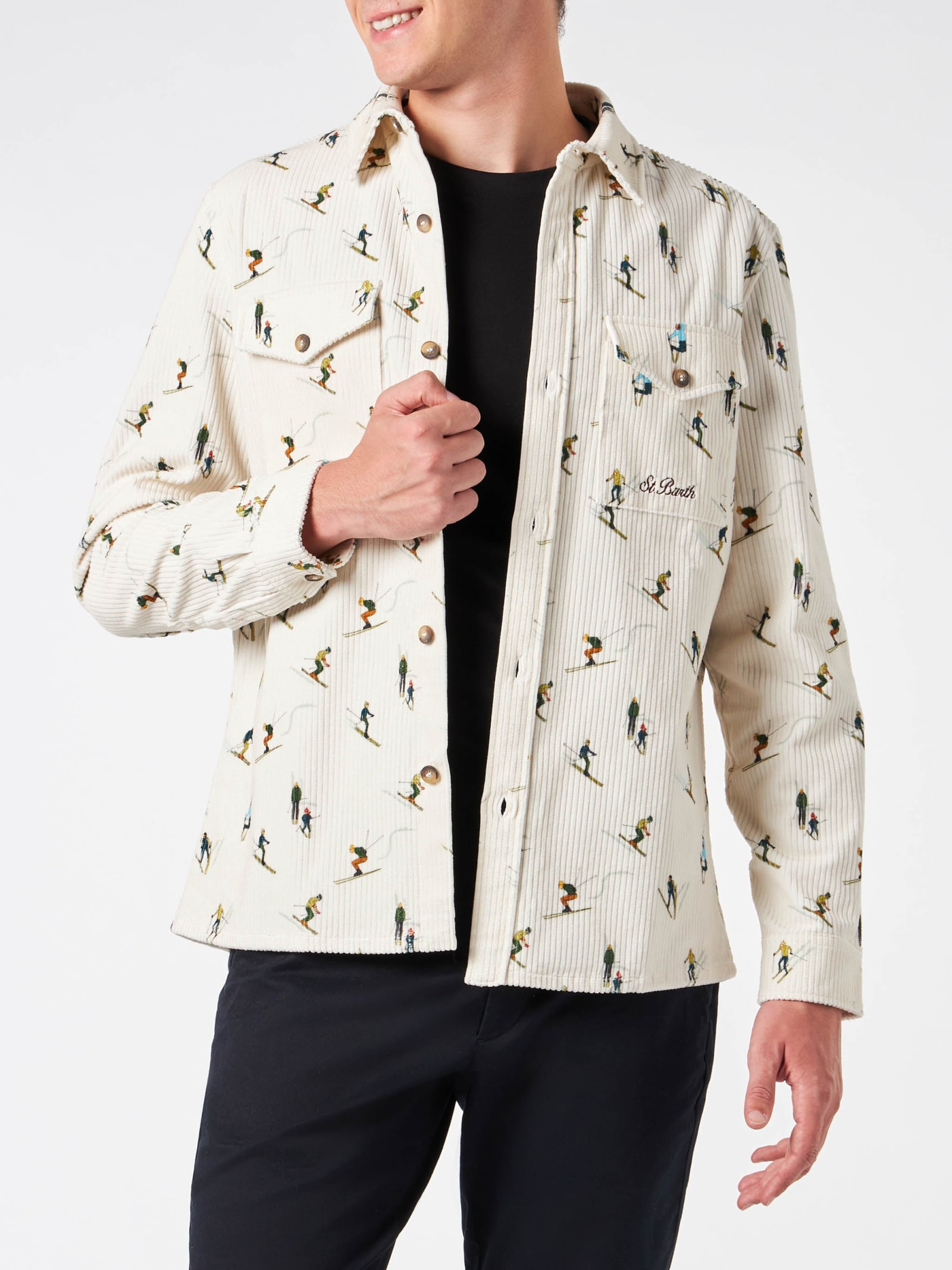 Shop Mc2 Saint Barth Man Corduroy Overshirt With Ski Print In White