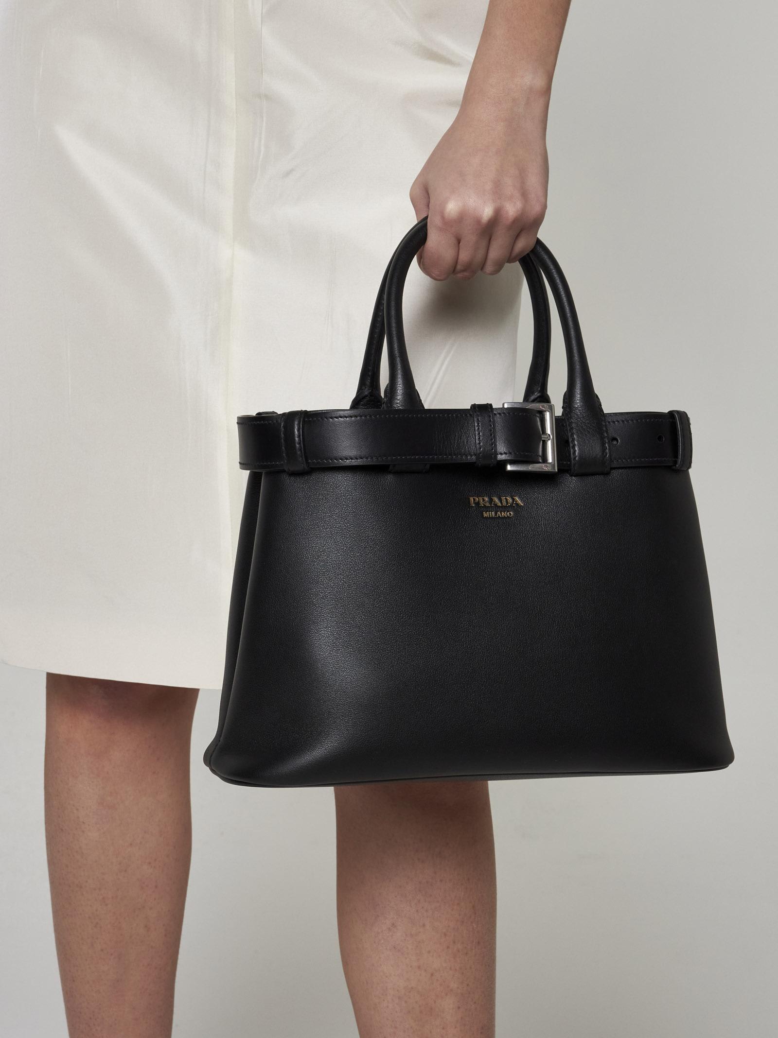 Shop Prada Buckle Leather Medium Tote Bag