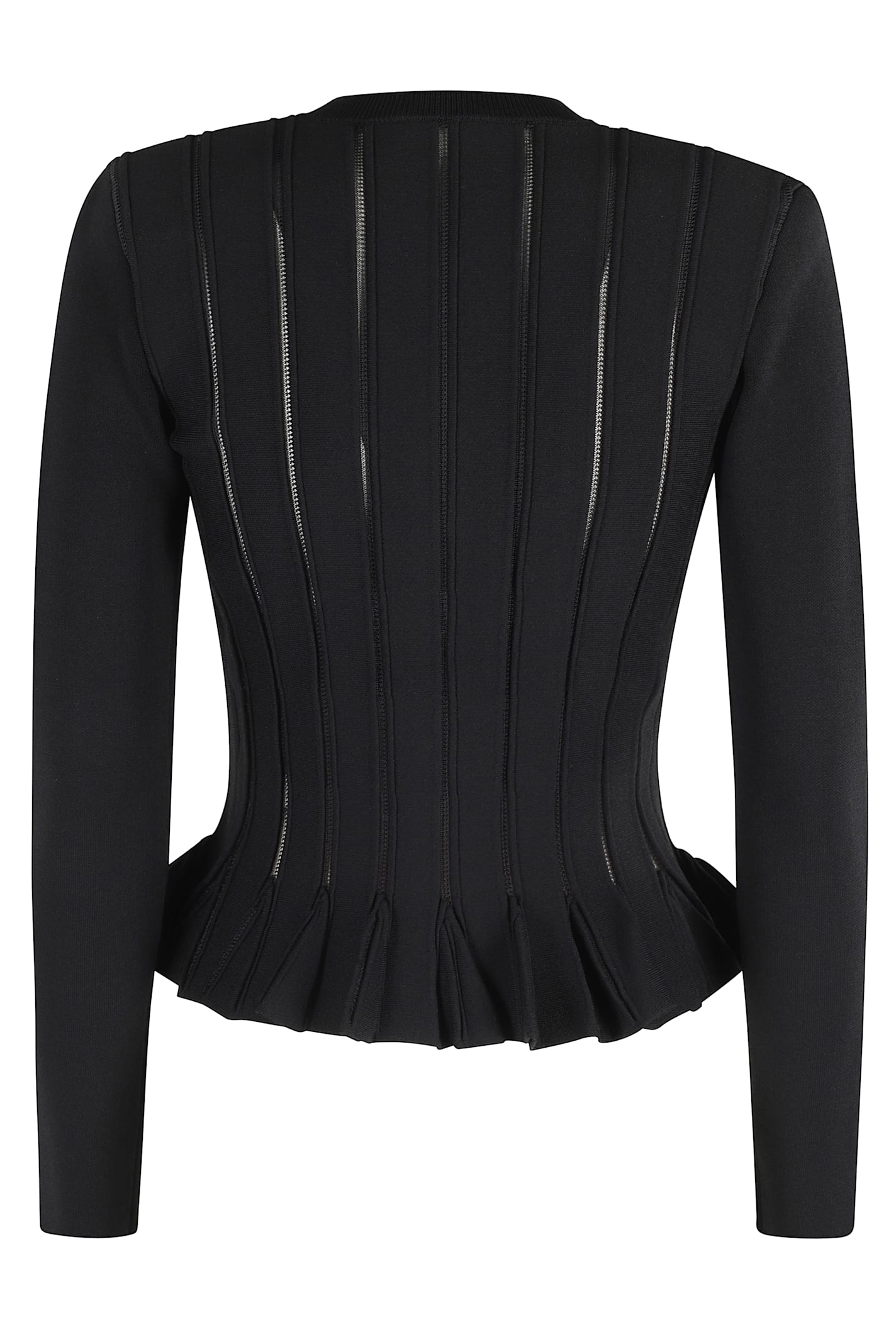 Elisabetta Franchi Tricot Pattern Sweater With Padded Shoulder Straps And Embroidered Hem In Black