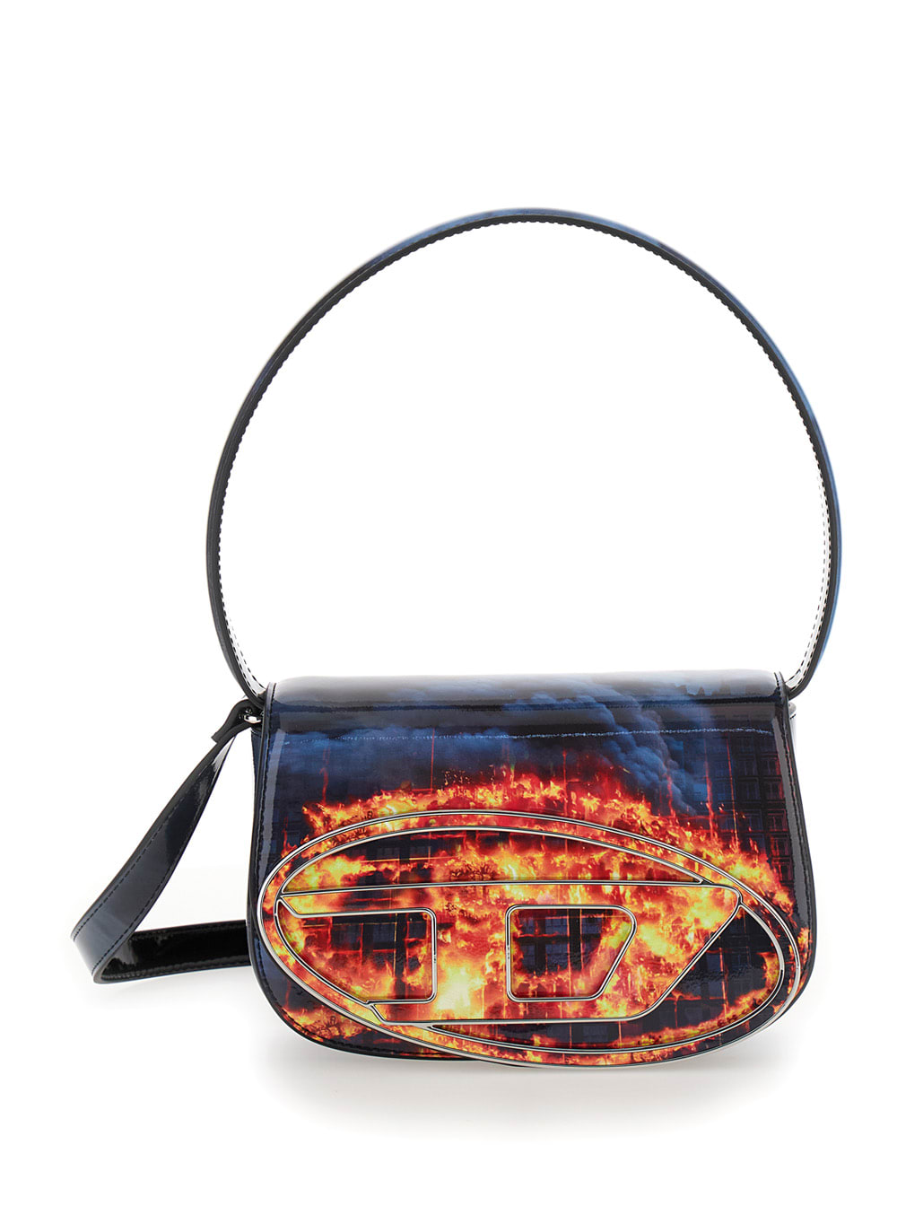 DIESEL 1DR BLUE AND ORANGE SHOULDER BAG WITH FRONT METALLIC OVAL D LOGO IN TECHNO FABRIC WOMAN