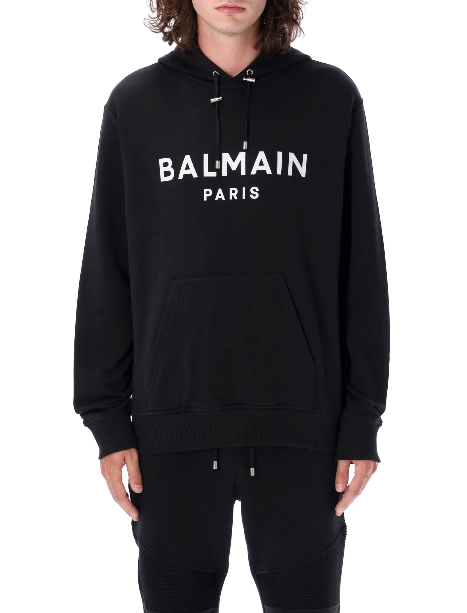 Shop Balmain Hoodie Logo In Nero Bianco