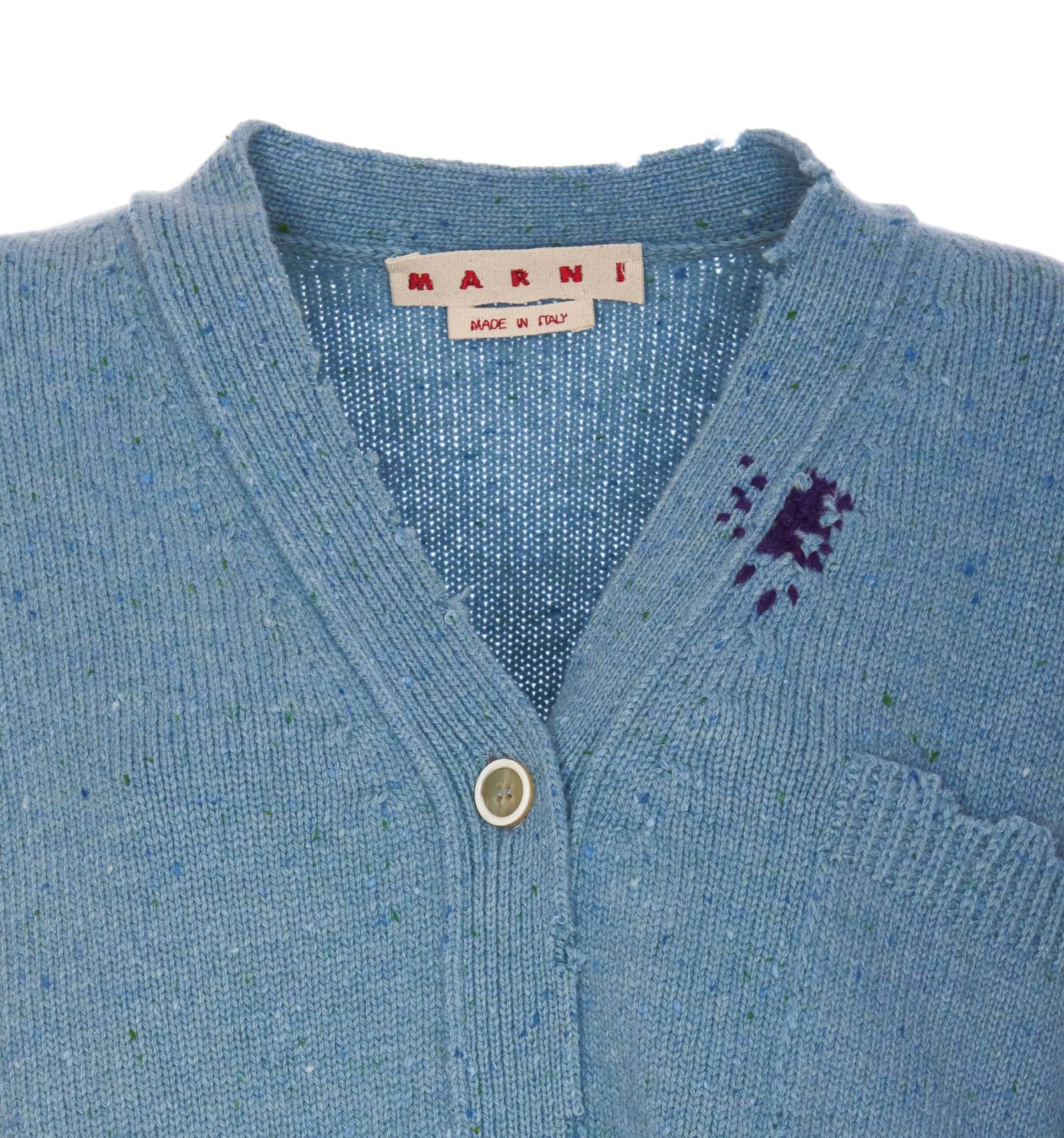 Shop Marni Logo Cardigan With  Mending Patches In Blue