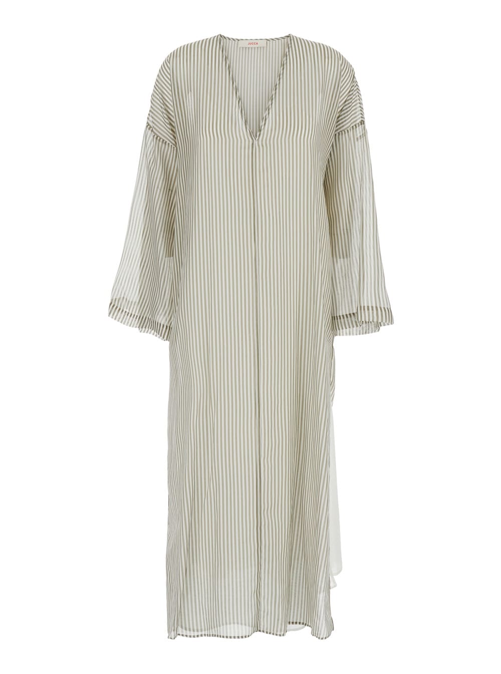 Green Caftan With V Neckline And All-over Striped Motif In Cotton And Silk Blend Woman
