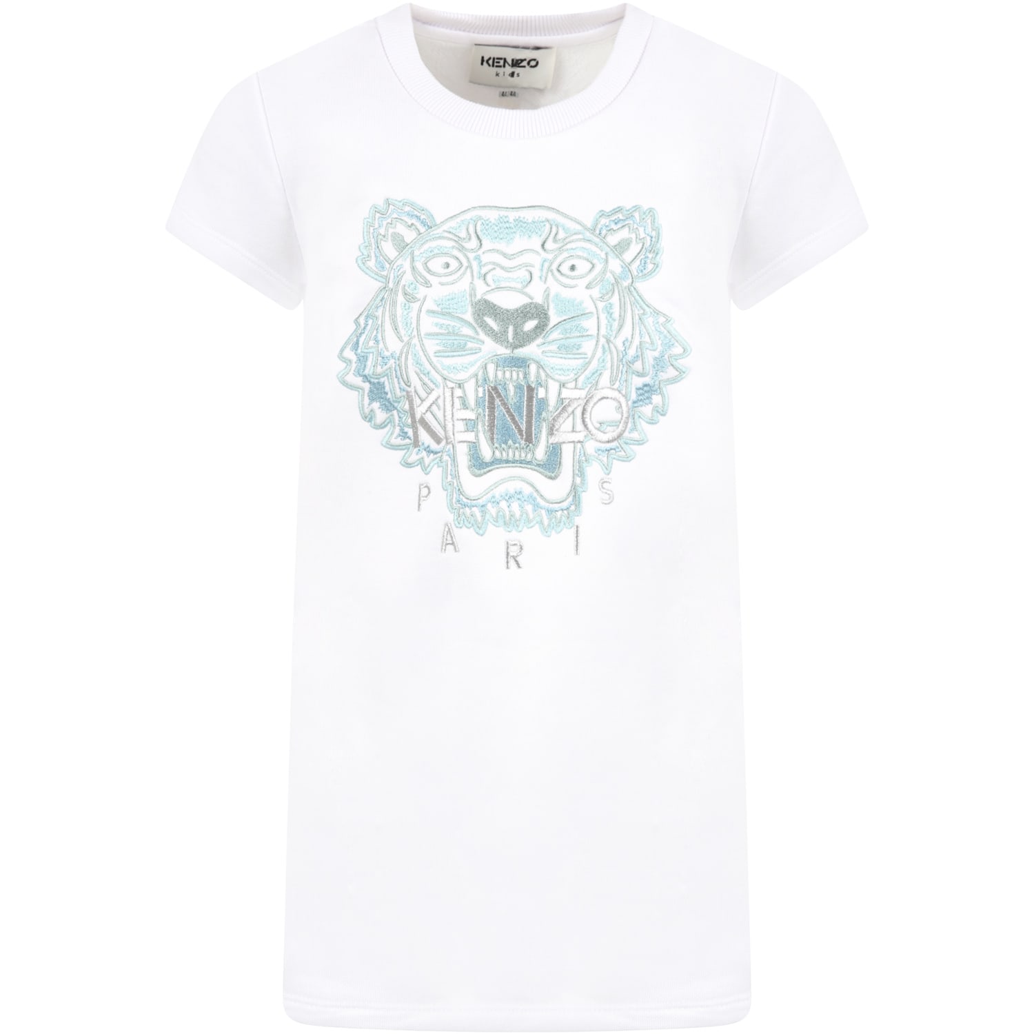 Kenzo Kids White Dress For Girl With Iconic Tiger And Logo