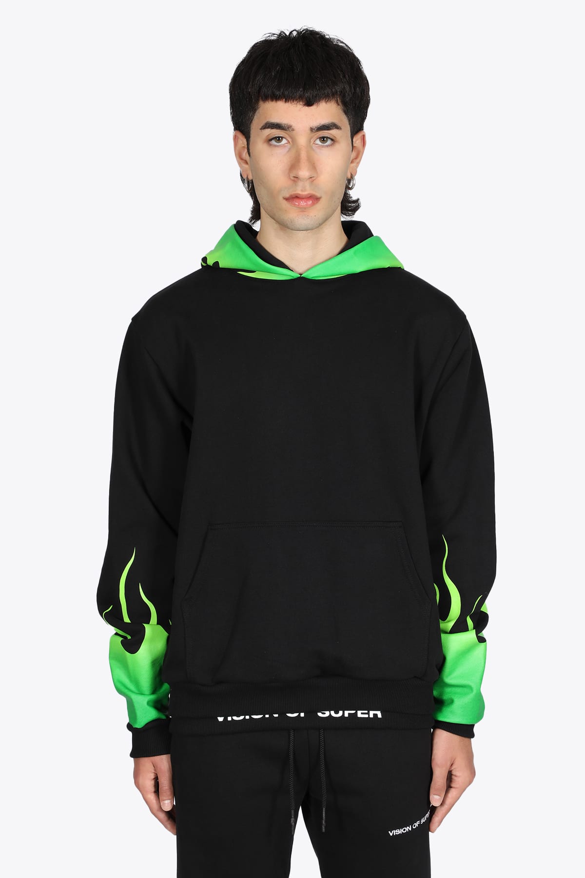 Vision of Super Vos/b2greensfu Cotton Black cotton hoodie with green flames