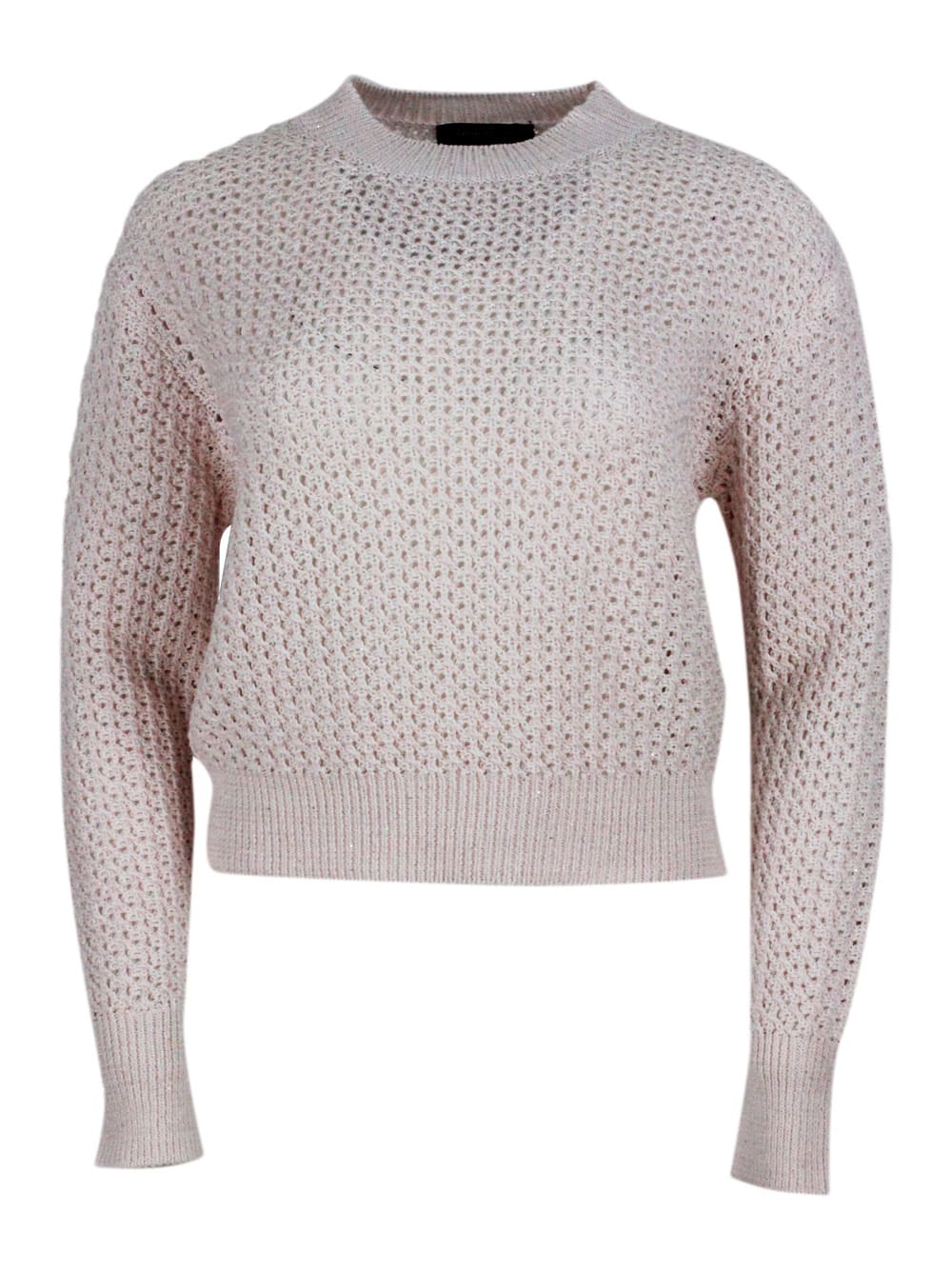 Shop Fabiana Filippi Long-sleeved Crew-neck Sweater In Cotton And Linen With Loose-weave Workmanship With Microsequins In Pink