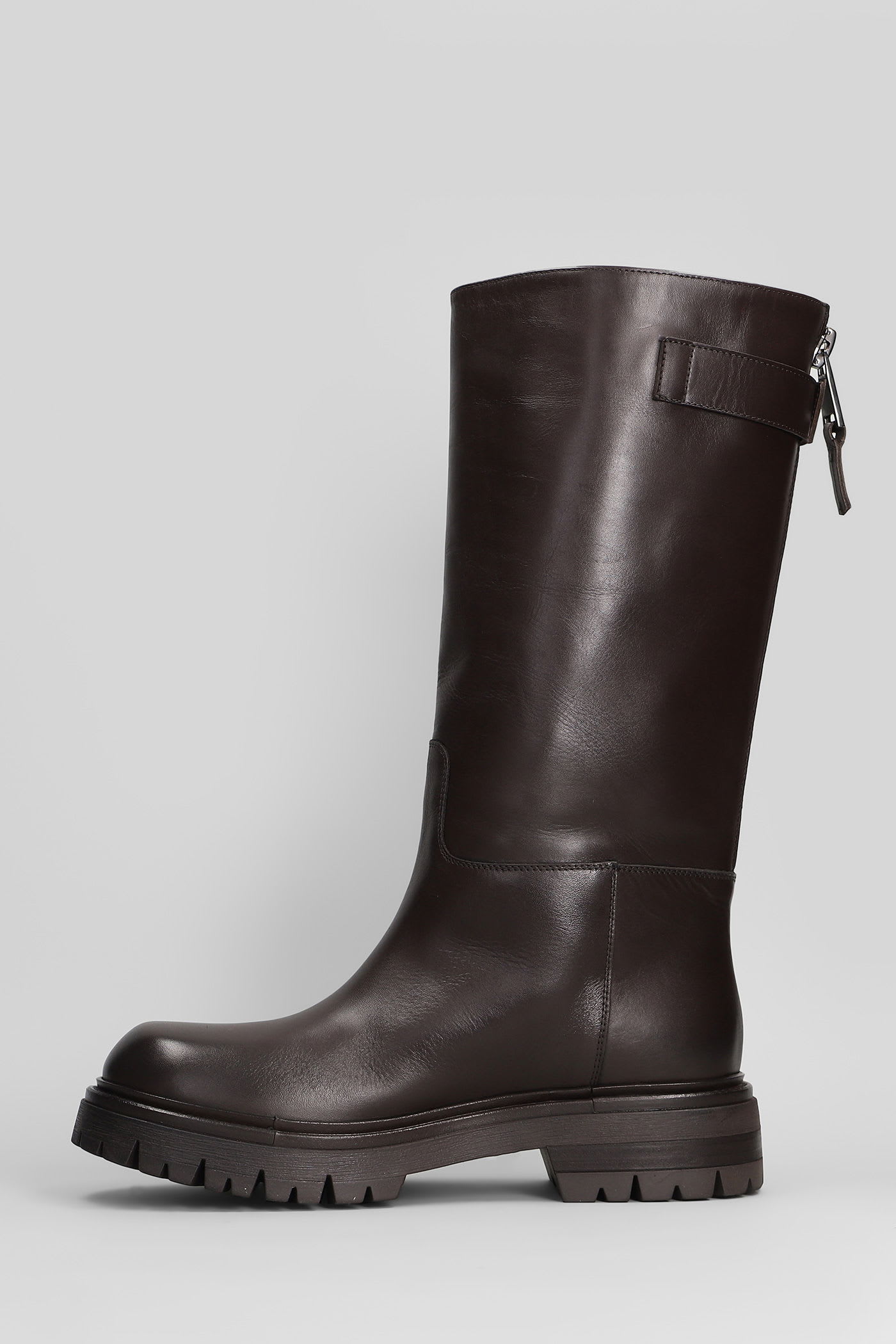 Elena Iachi Low Heels Boots In Dark Brown Leather In Brown