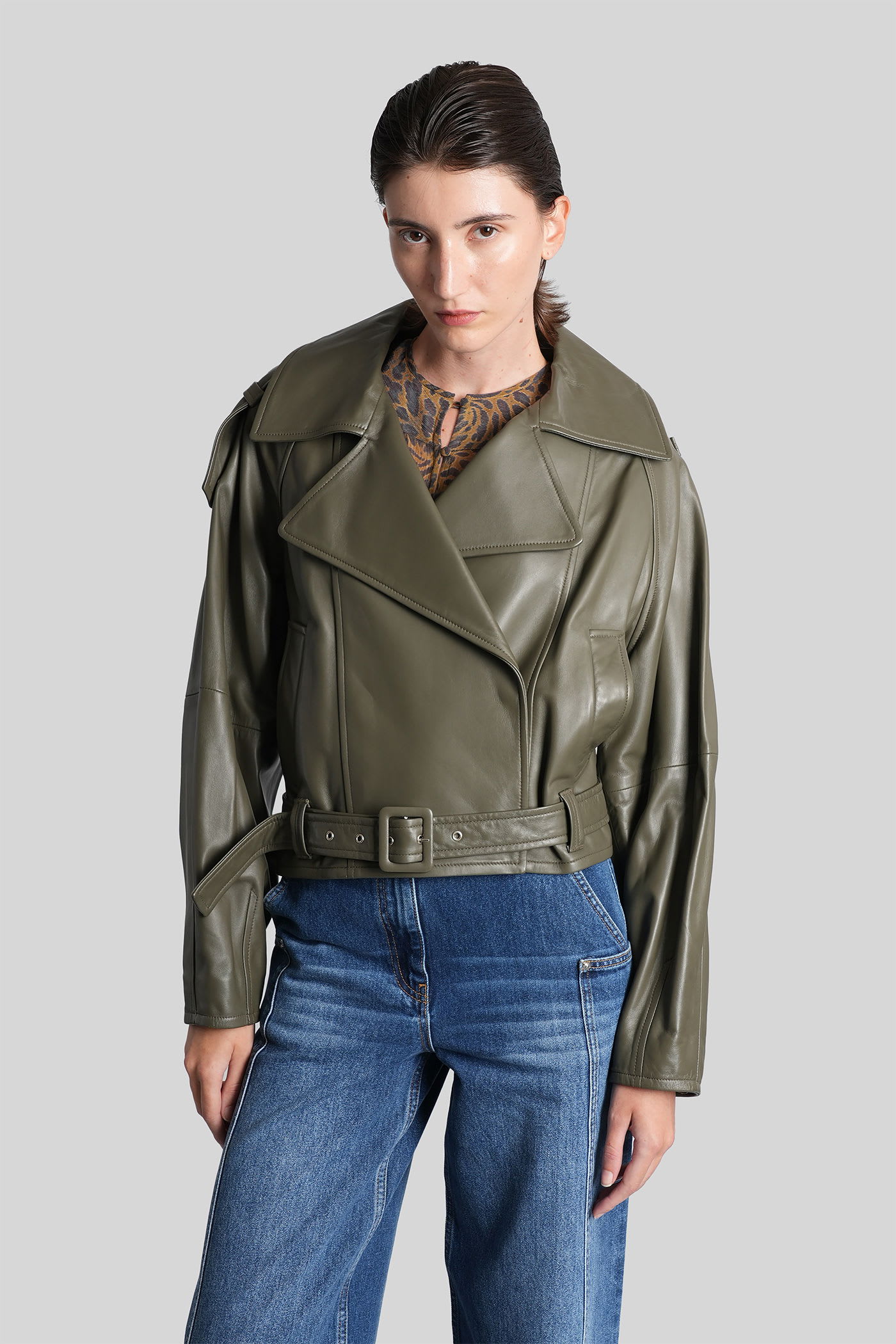 Iro Yuria Biker Jacket In Green Leather In Green