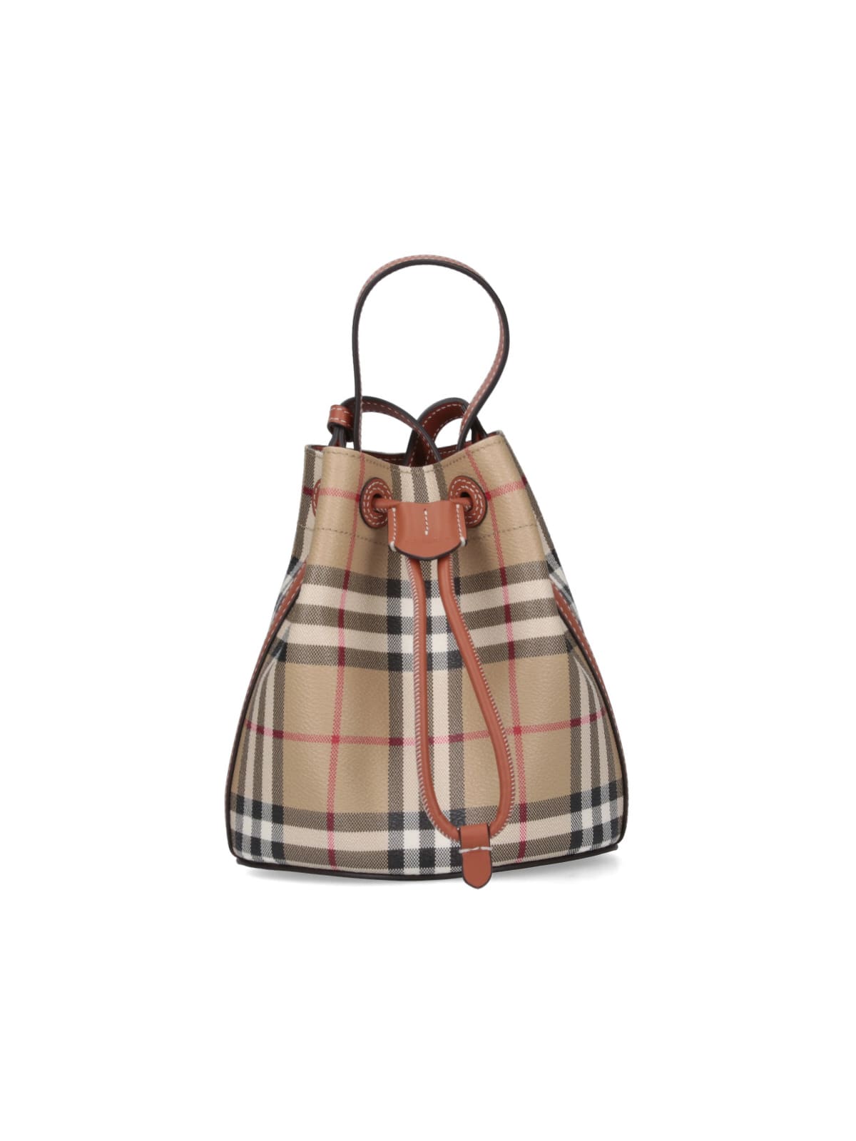 Burberry Drawstring Bucket Bag With Signature Plaid Pattern In Neutral