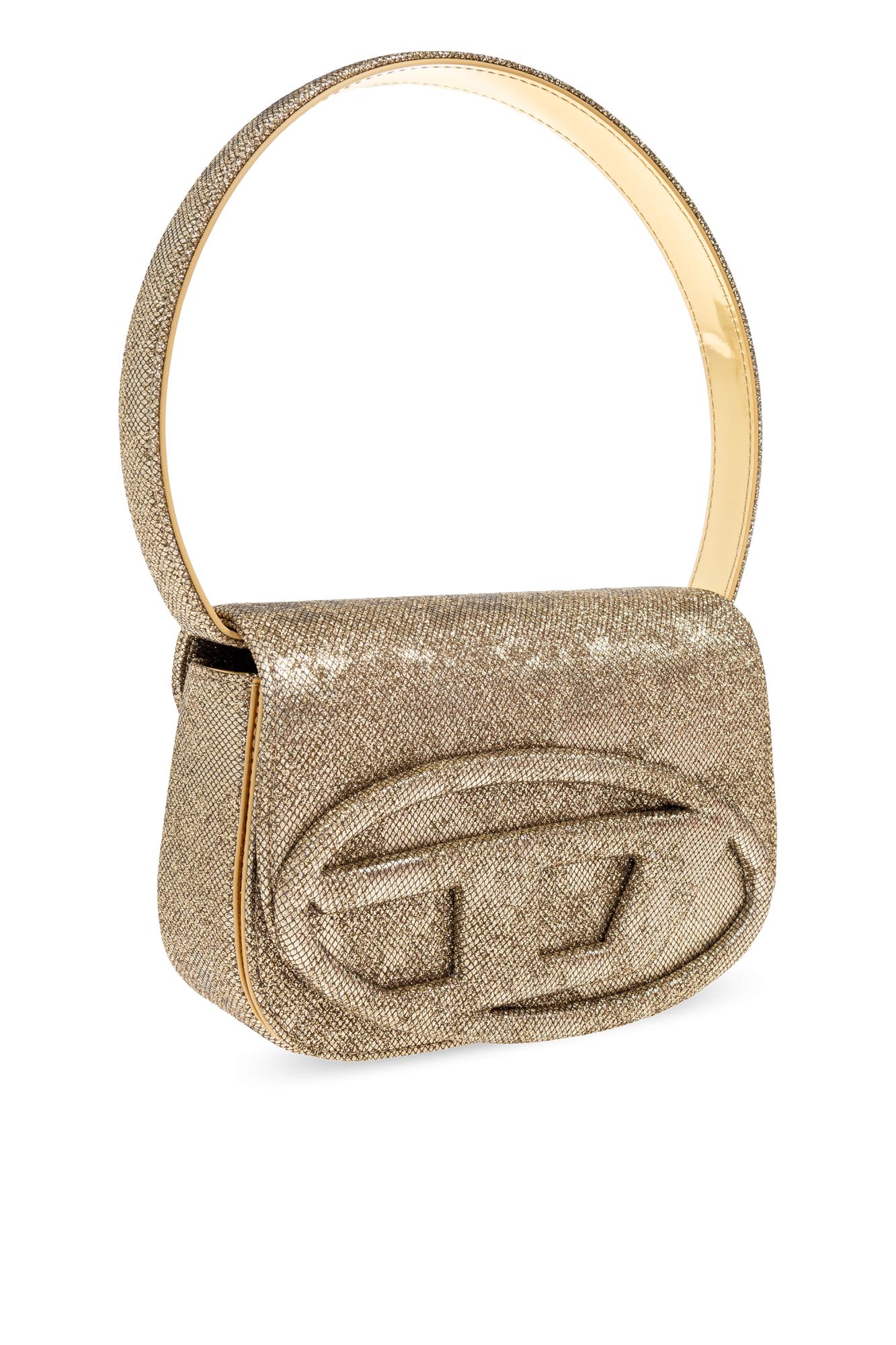 Diesel Oval-d Logo Glittered Denim Shoulder Bag In Gold